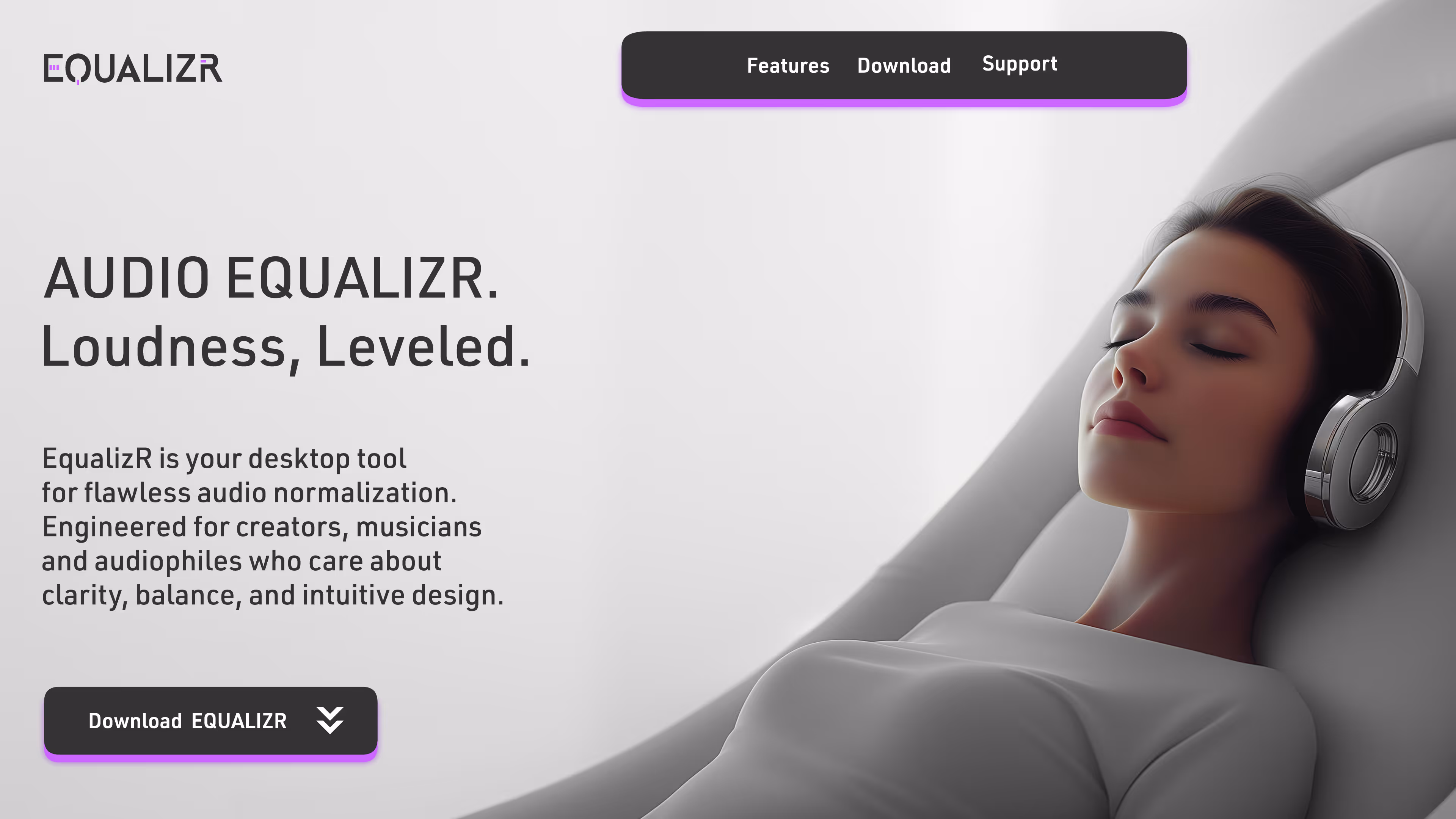 Hero section for the EQUALIZR desktop app website, featuring a reclining woman in headphones on the right and product tagline and UI elements on the left, including a button-styled navigation bar and a call-to-action button. Clean, high-contrast layout at 3840 × 2160 resolution.