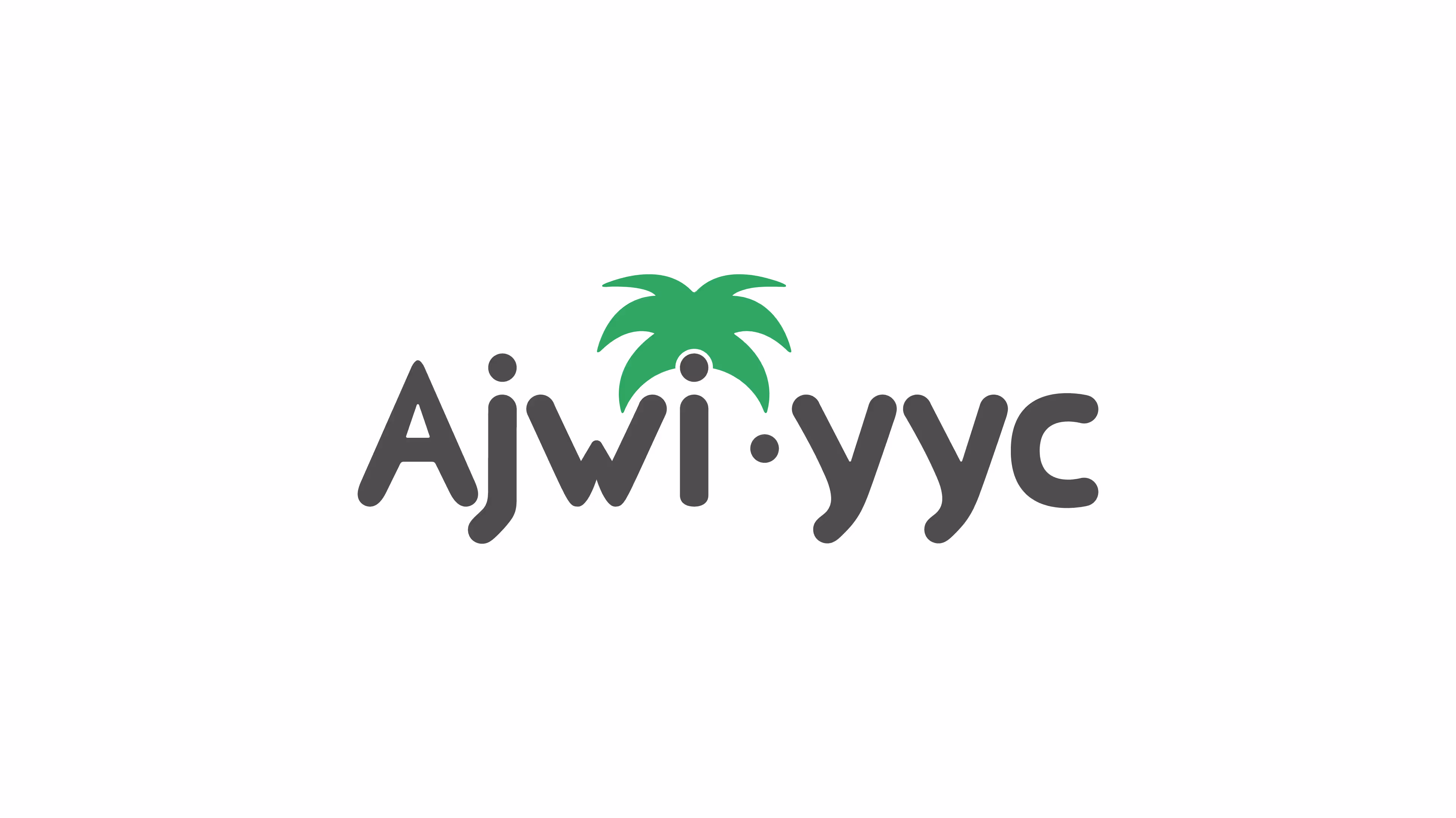 Ajwi yyc logo featuring clean black typography with a green palm tree integrated above the letter "j" on a white background.