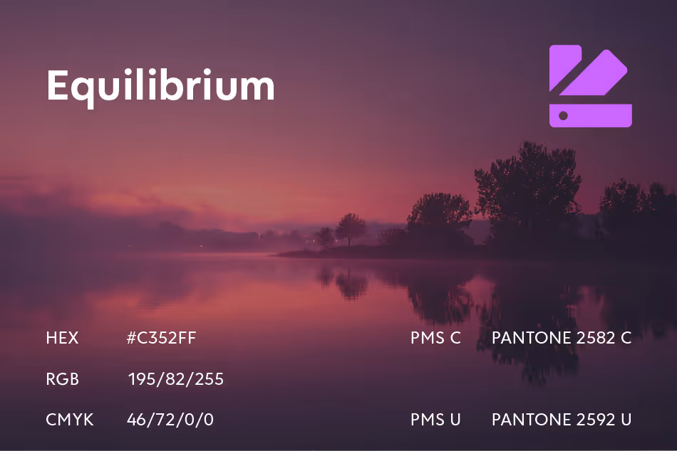 Color swatch presentation for Equilibrium with HEX C352FF, RGB 195/82/255, CMYK 46/72/0/0, Pantone 2582 C and 2592 U, shown with purple sunset lake imagery.
