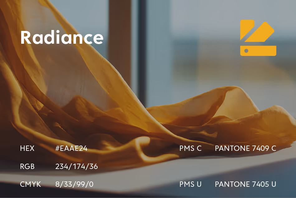 Color swatch presentation for Radiance with HEX EAAE24, RGB 234/174/36, CMYK 8/33/99/0, Pantone 7409 C and 7405 U, shown with flowing golden fabric imagery.