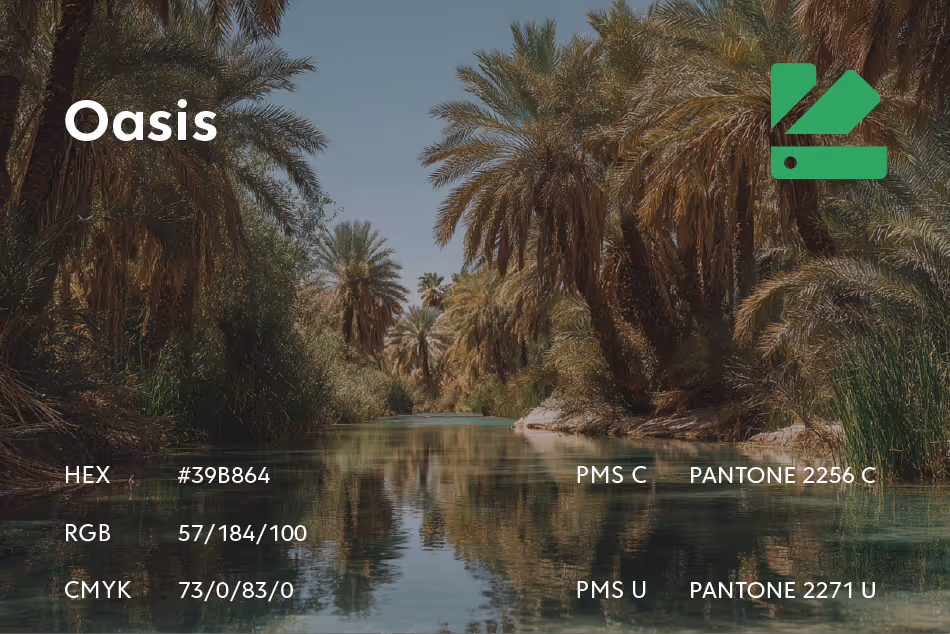 Color swatch presentation for Oasis with HEX 39B864, RGB 57/184/100, CMYK 73/0/83/0, Pantone 2256 C and 2271 U, shown with palm grove oasis imagery.