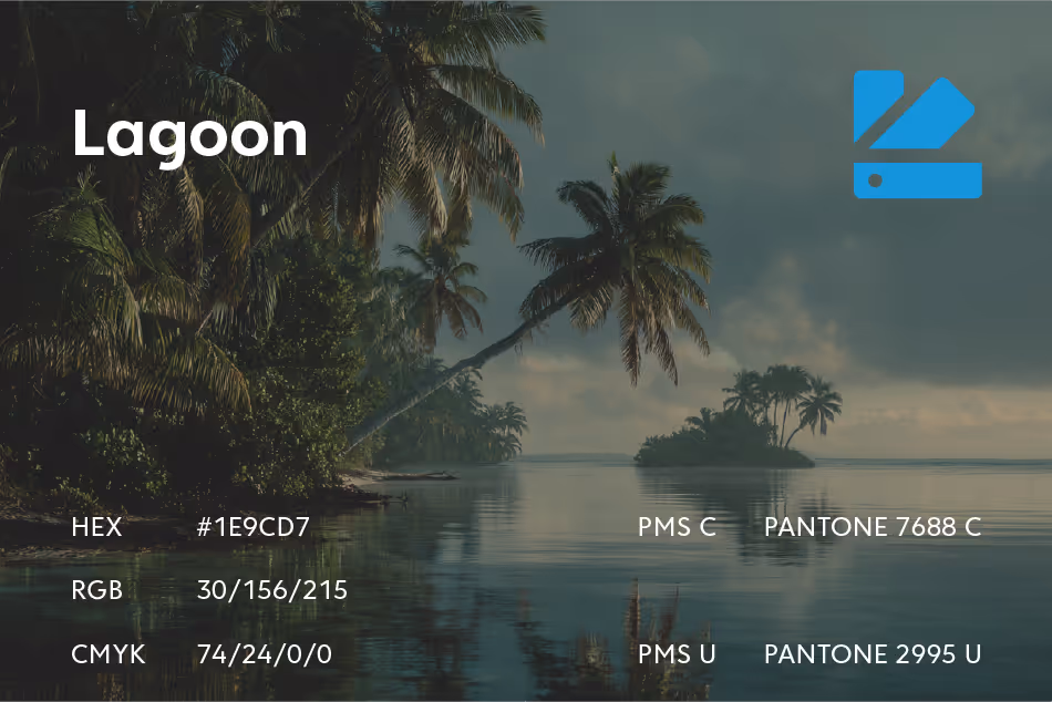 Color swatch presentation for Lagoon with HEX 1E9CD7, RGB 30/156/215, CMYK 74/24/0/0, Pantone 7688 C and 2995 U, shown with tropical lagoon imagery.