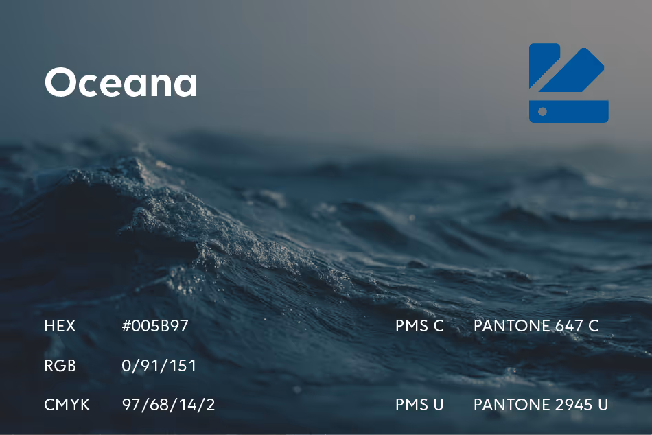 Color swatch presentation for Oceana with HEX 005B97, RGB 0/91/151, CMYK 97/68/14/2, Pantone 647 C and 2945 U, shown with ocean wave imagery.