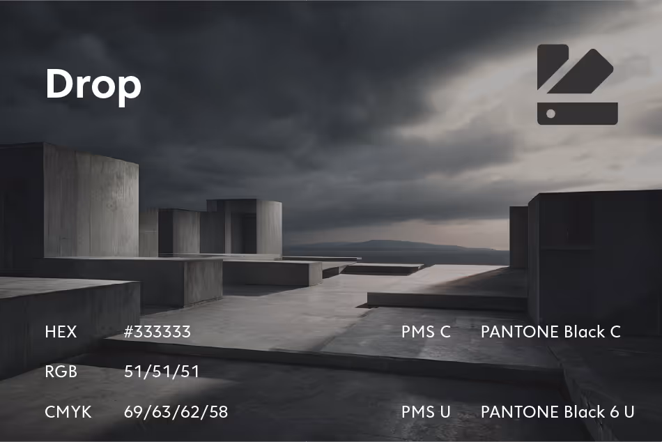 Color swatch presentation for Drop with HEX 333333, RGB 51/51/51, CMYK 69/63/62/58, Pantone Black C and Black 6 U, shown with dark concrete architecture imagery.
