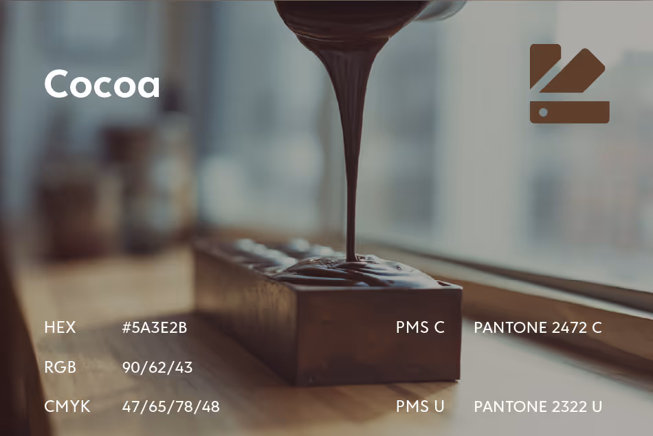 Color swatch presentation for Cocoa with HEX 5A3E2B, RGB 90/62/43, CMYK 47/65/78/48, Pantone 2472 C and 2322 U, shown with melted chocolate imagery.