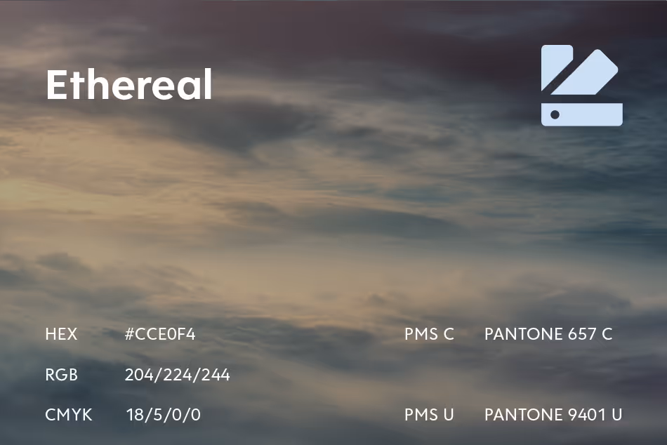 Color swatch presentation for Ethereal with HEX CCE0F4, RGB 204/224/244, CMYK 18/5/0/0, Pantone 657 C and 9401 U, shown with cloudy sky imagery.