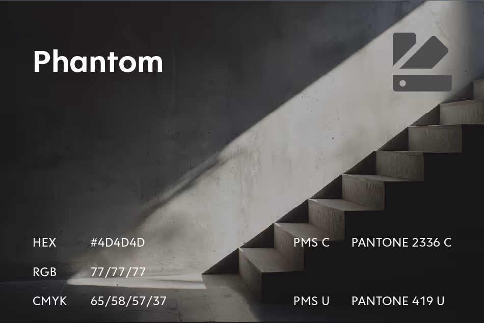 Color swatch presentation for Phantom with HEX 4D4D4D, RGB 77/77/77, CMYK 65/58/57/37, Pantone 2336 C and 419 U, shown with shadowed concrete stair imagery.