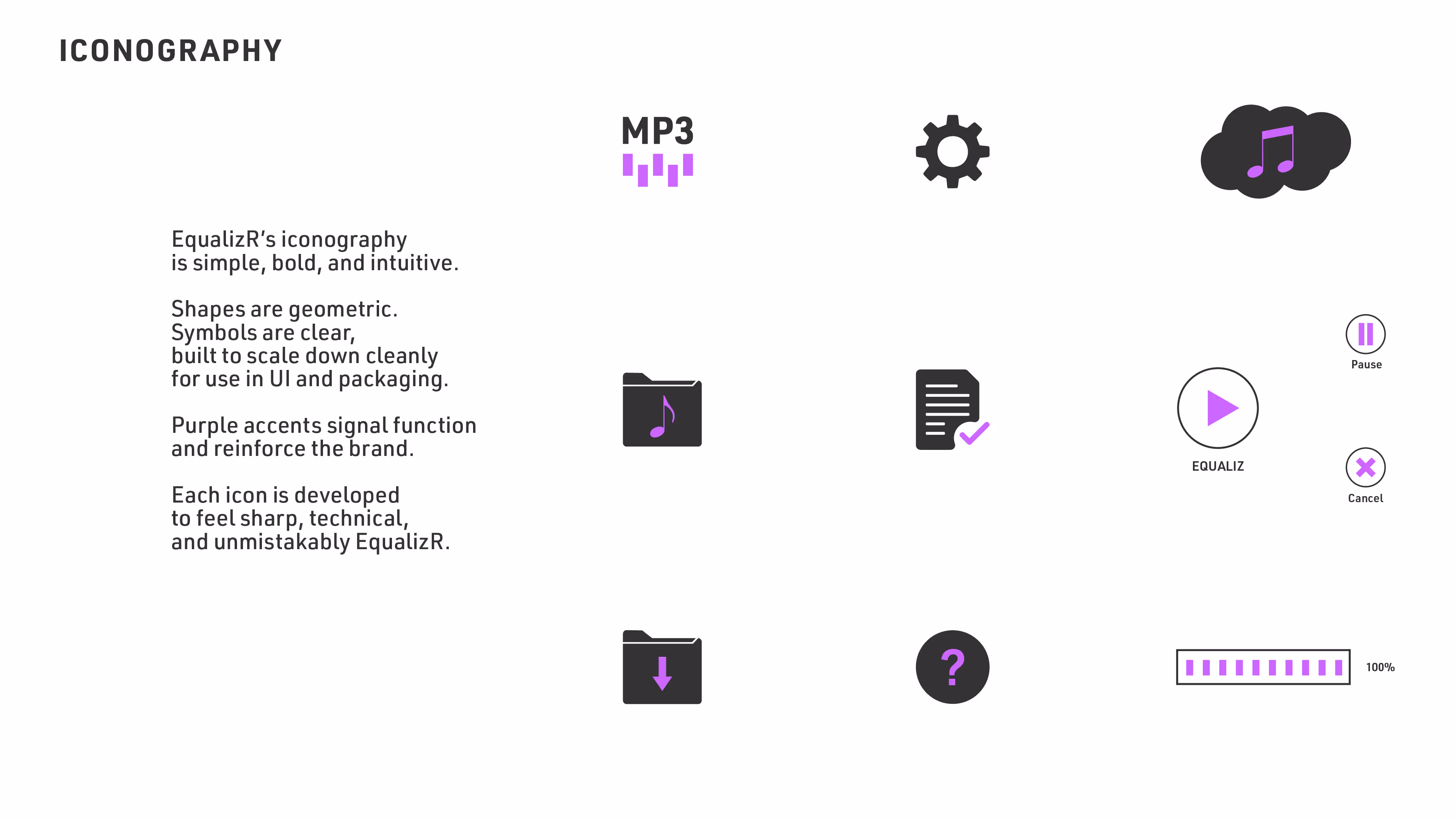 Grid of EqualizR UI icons with purple accents, including MP3, gear, cloud with note, folders, checklist, play, pause, cancel, question mark, and a progress bar.