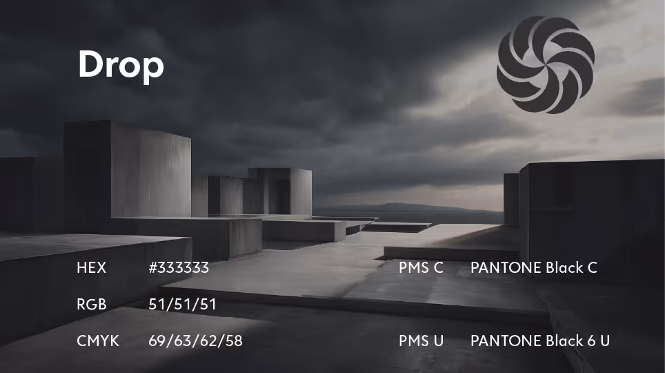 Dark charcoal palette titled “Drop” featuring a stark concrete rooftop under a stormy sky. HEX #333333, RGB 51/51/51, Pantone Black C / Black 6 U.
