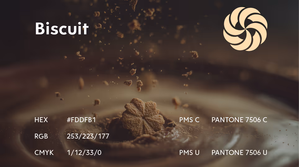 Beige color palette titled “Biscuit” featuring a cookie impact shot with flying crumbs. HEX #FDFB1, RGB 253/223/177, Pantone 7506 C/U.