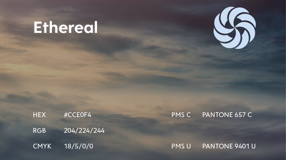 Soft pastel palette titled “Ethereal” with a view of layered clouds and gentle sky gradients. HEX #CCE0F4, RGB 204/224/244, Pantone 657 C / 9401 U.