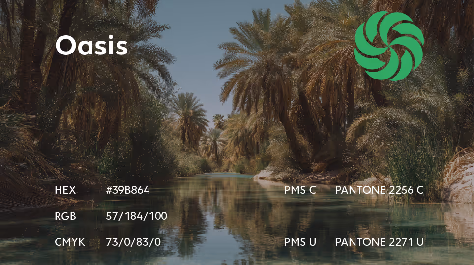 Lush green palette titled “Oasis” with dense palm trees lining a sunlit desert waterway. HEX #39B864, RGB 57/184/100, Pantone 2256 C / 2271 U.