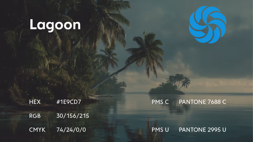 Tropical teal palette titled “Lagoon” showing palm trees and still lagoon waters at sunset. HEX #1E9CD7, RGB 30/156/215, Pantone 7688 C / 2995 U.