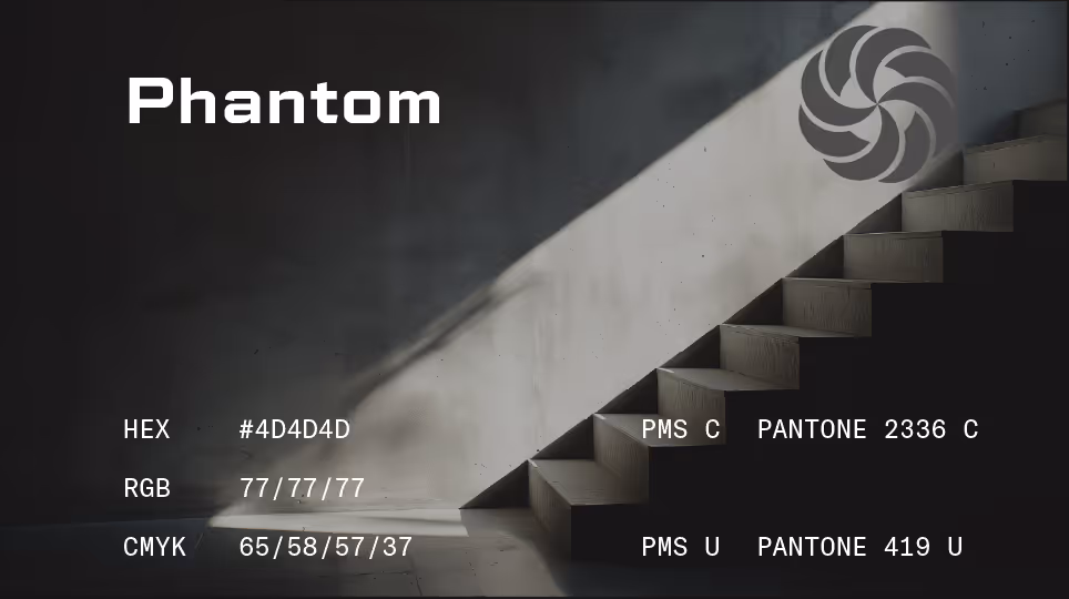 Phantom – Steely grey palette titled “Phantom” with architectural shadows and angles. HEX #4D4D4D, Pantone 2336 C.