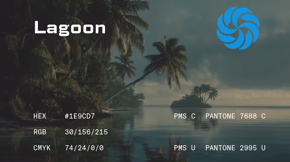 Lagoon – Cool tropical palette titled “Lagoon” showing palm trees by turquoise water. HEX #1E5DC7, Pantone 7686 C.