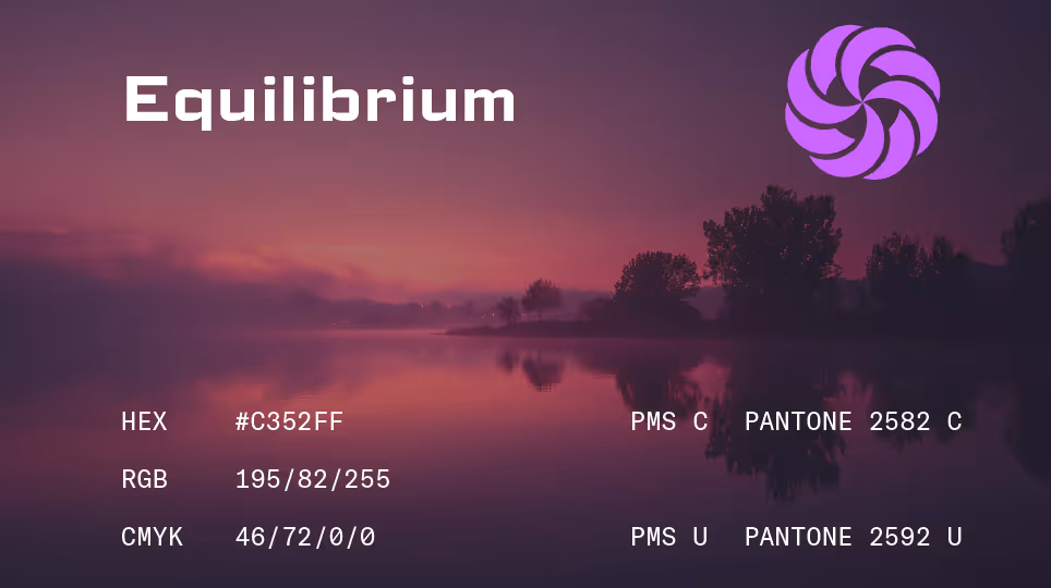 Equilibrium – Violet-magenta palette titled “Equilibrium” with a twilight lakeside view. HEX #C952BF, Pantone 2592 C.