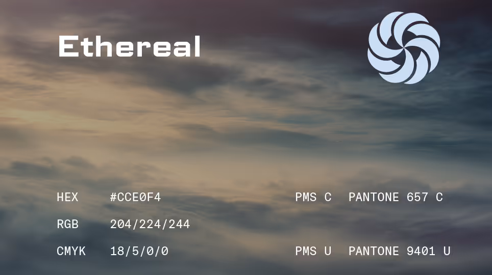Ethereal – Pale grey-blue palette titled “Ethereal” with foggy abstract background. HEX #C6CFE4, Pantone 657 C.