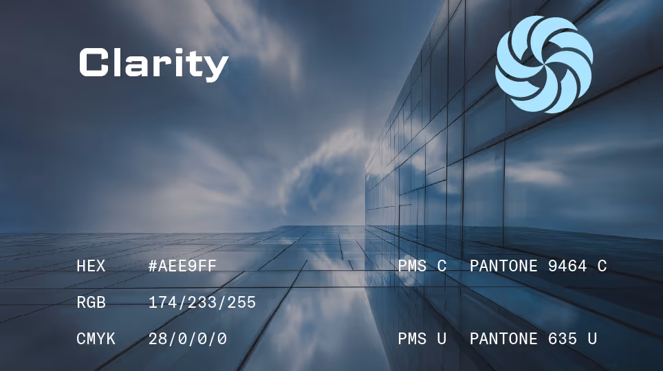 Clarity – Crisp blue palette titled “Clarity” showing reflective high-rise buildings in motion blur. HEX #4E86B7, Pantone 646 C.