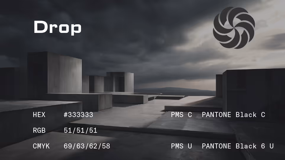 Drop – Muted charcoal palette titled “Drop” with stark modern architecture and cloudy skies. HEX #333333, Pantone Black 6 C.