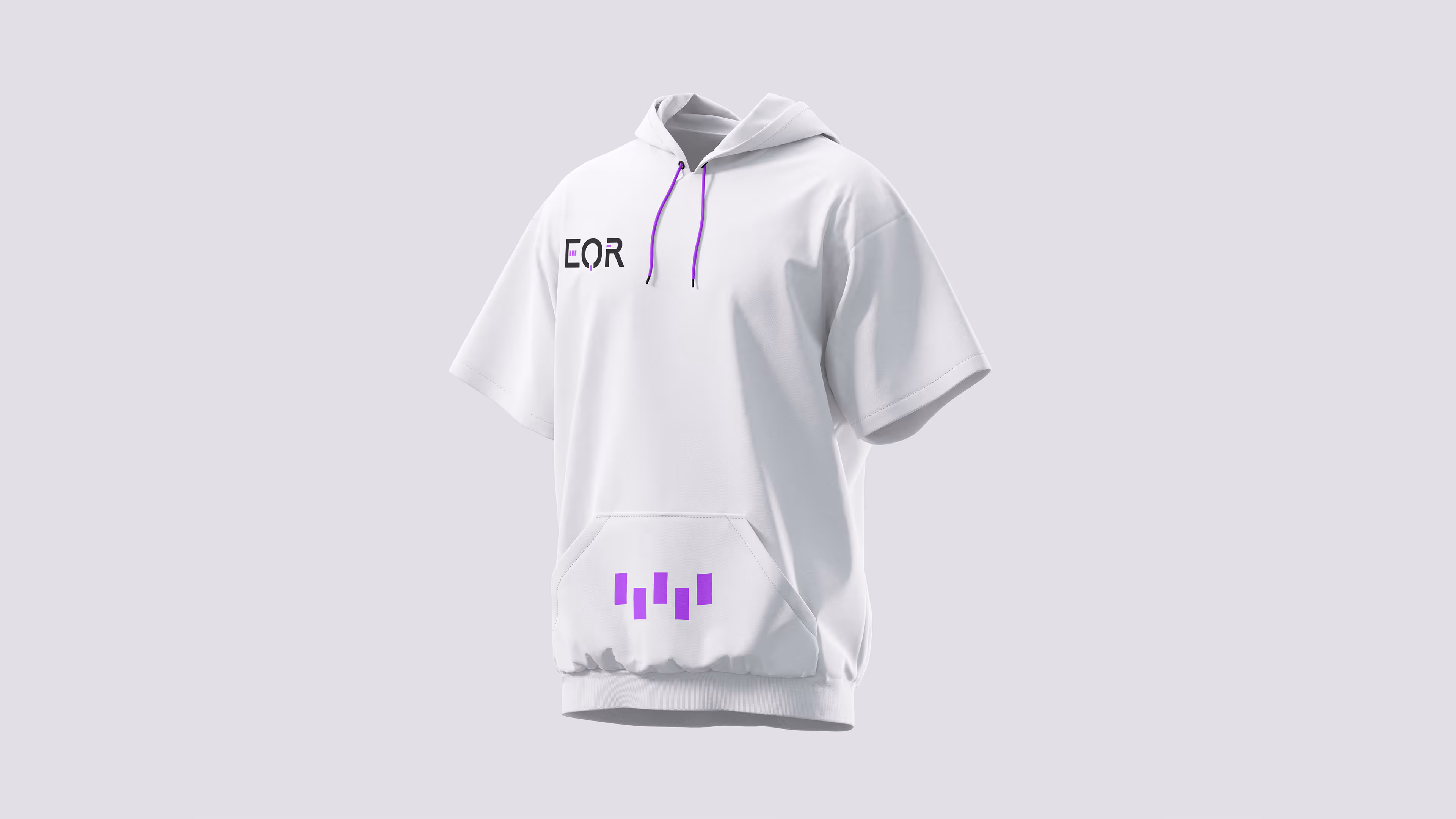 White short-sleeve hoodie featuring the EQR logo on the left chest in black and purple, with matching purple drawstrings and a stylized equalizer bar graphic printed on the front pocket.