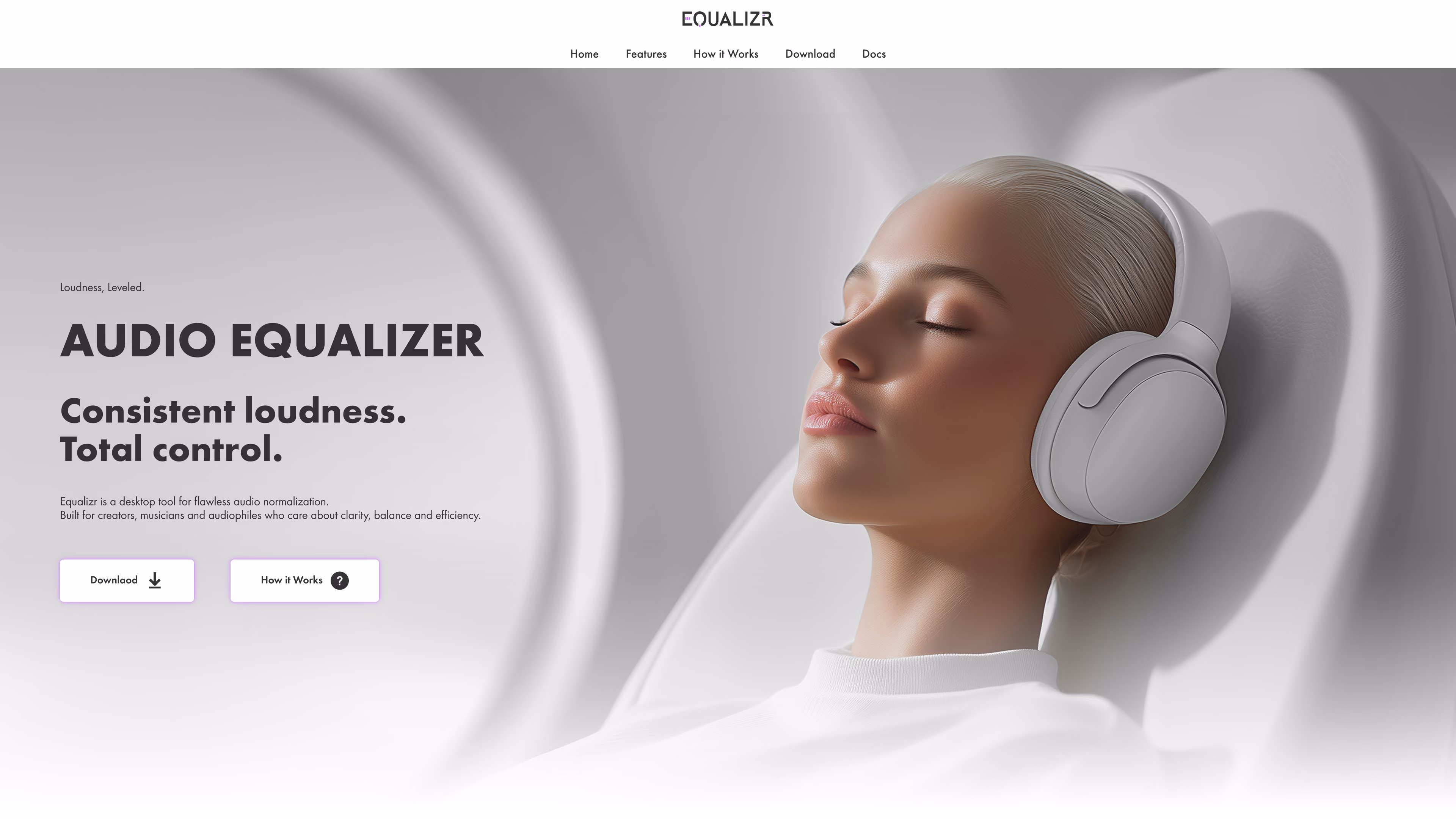Equalizr landing page hero with audio equalizer headline, headphones imagery, and download call-to-action.