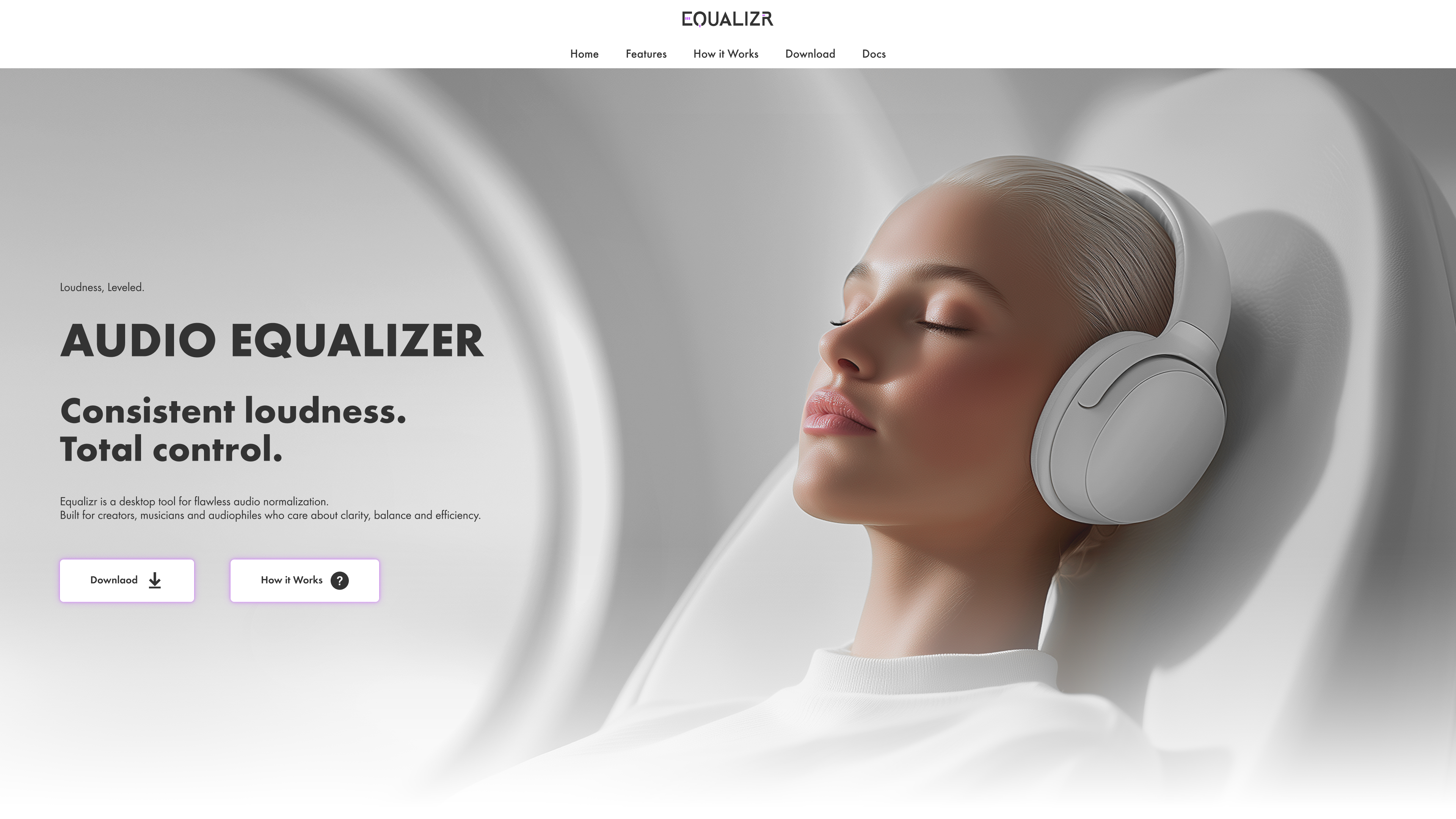 Equalizr landing page hero with audio equalizer headline, headphones imagery, and download call-to-action.