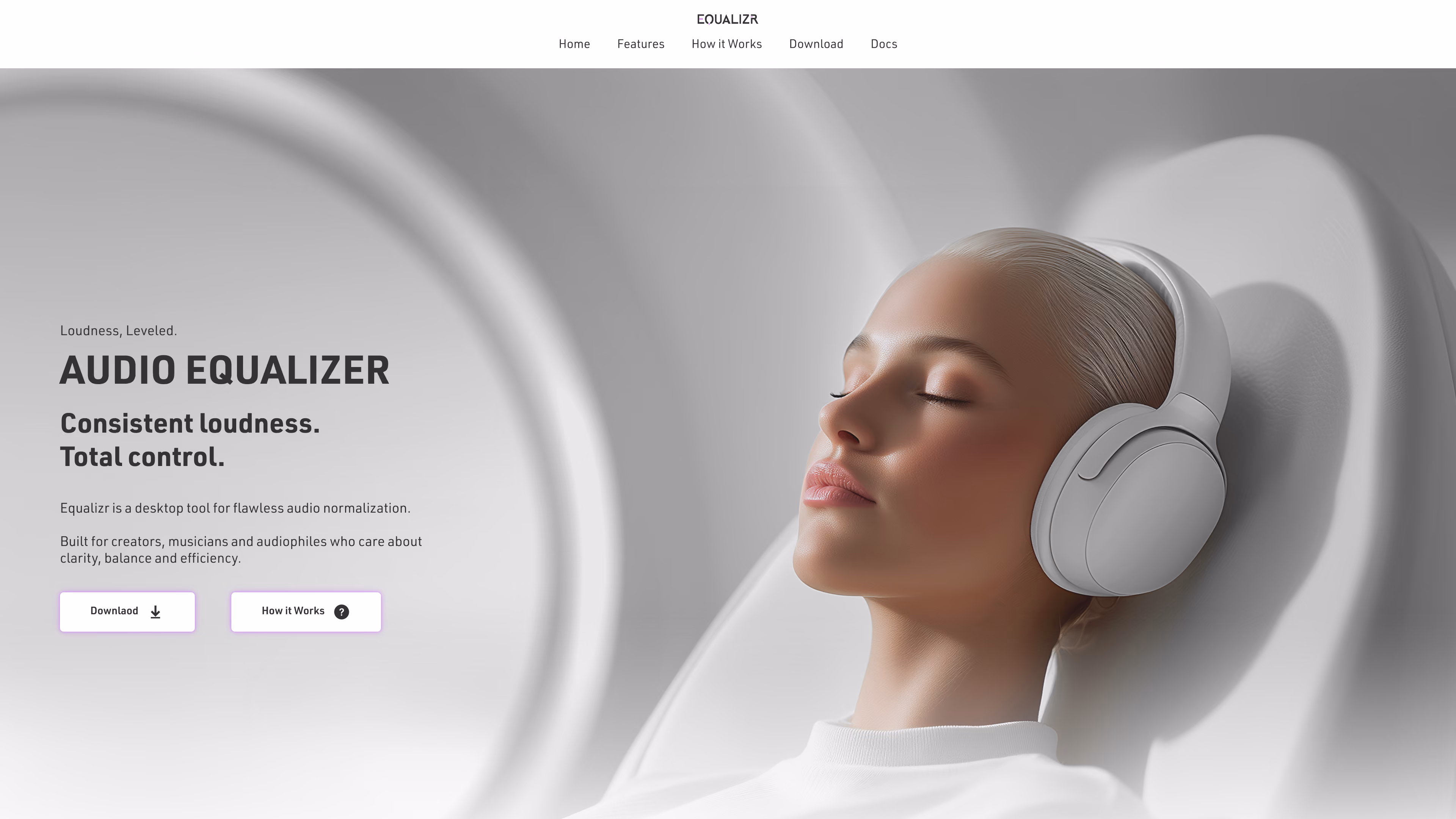 Equalizr landing page hero with audio equalizer headline, headphones imagery, and download call-to-action.
