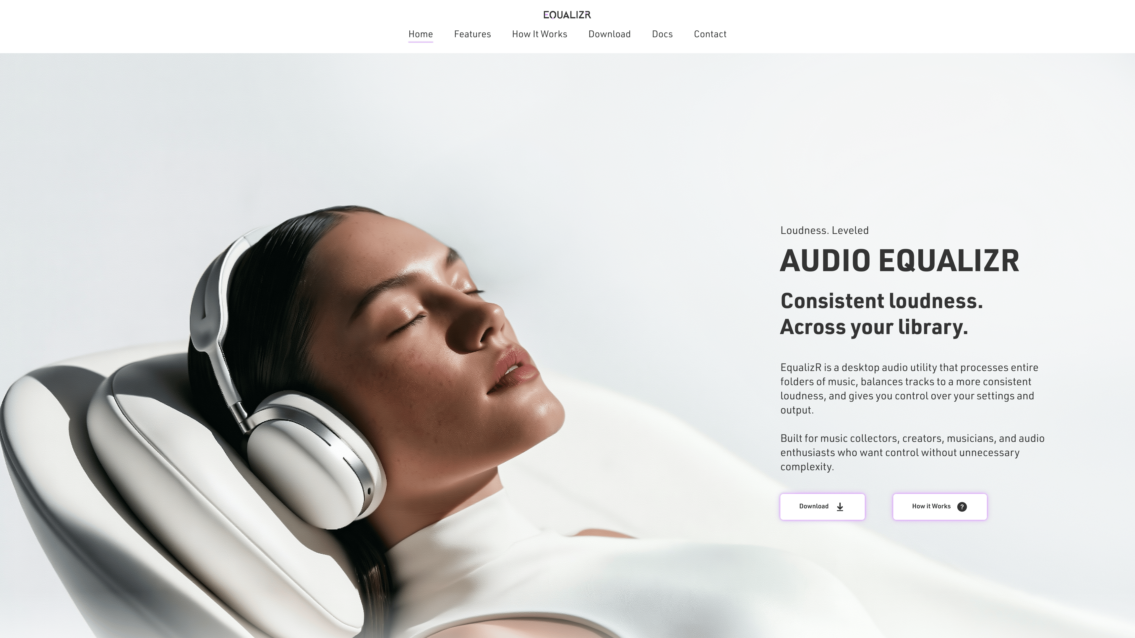 Equalizr landing page hero with audio equalizer headline, headphones imagery, and download call-to-action.