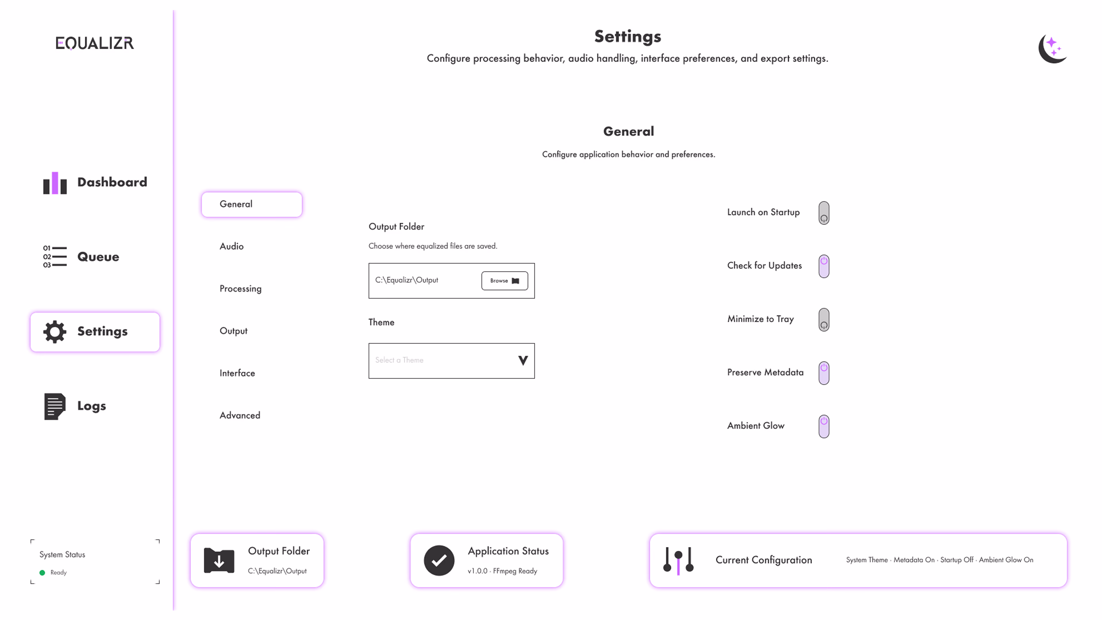 Equalizr light mode settings interface showing navigation, output folder, theme selection, toggle controls, and configuration widgets.