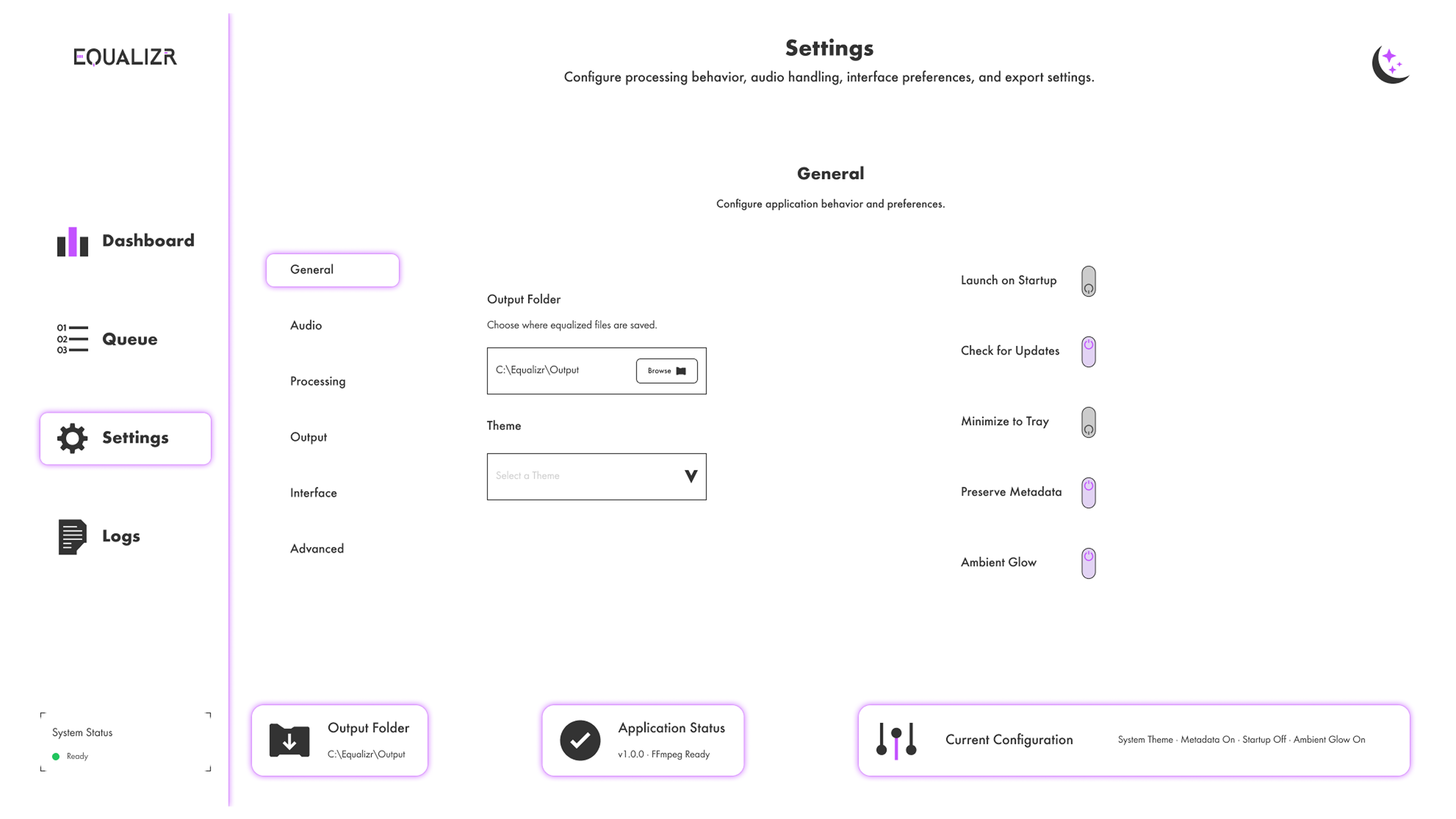 Equalizr light mode settings interface showing navigation, output folder, theme selection, toggle controls, and configuration widgets.