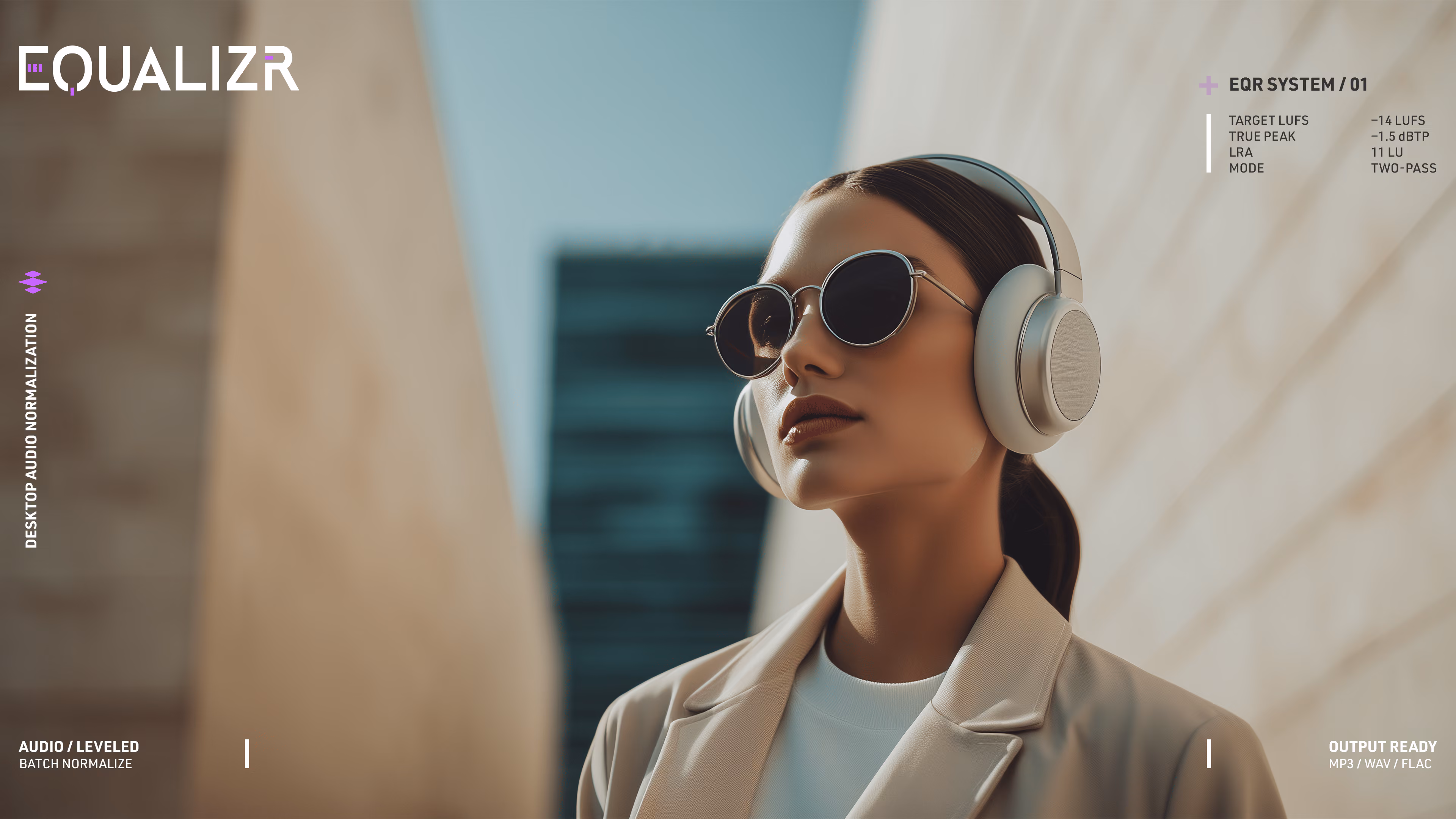 Equalizr editorial image featuring a person wearing headphones with branded technical overlays and loudness normalization specs.