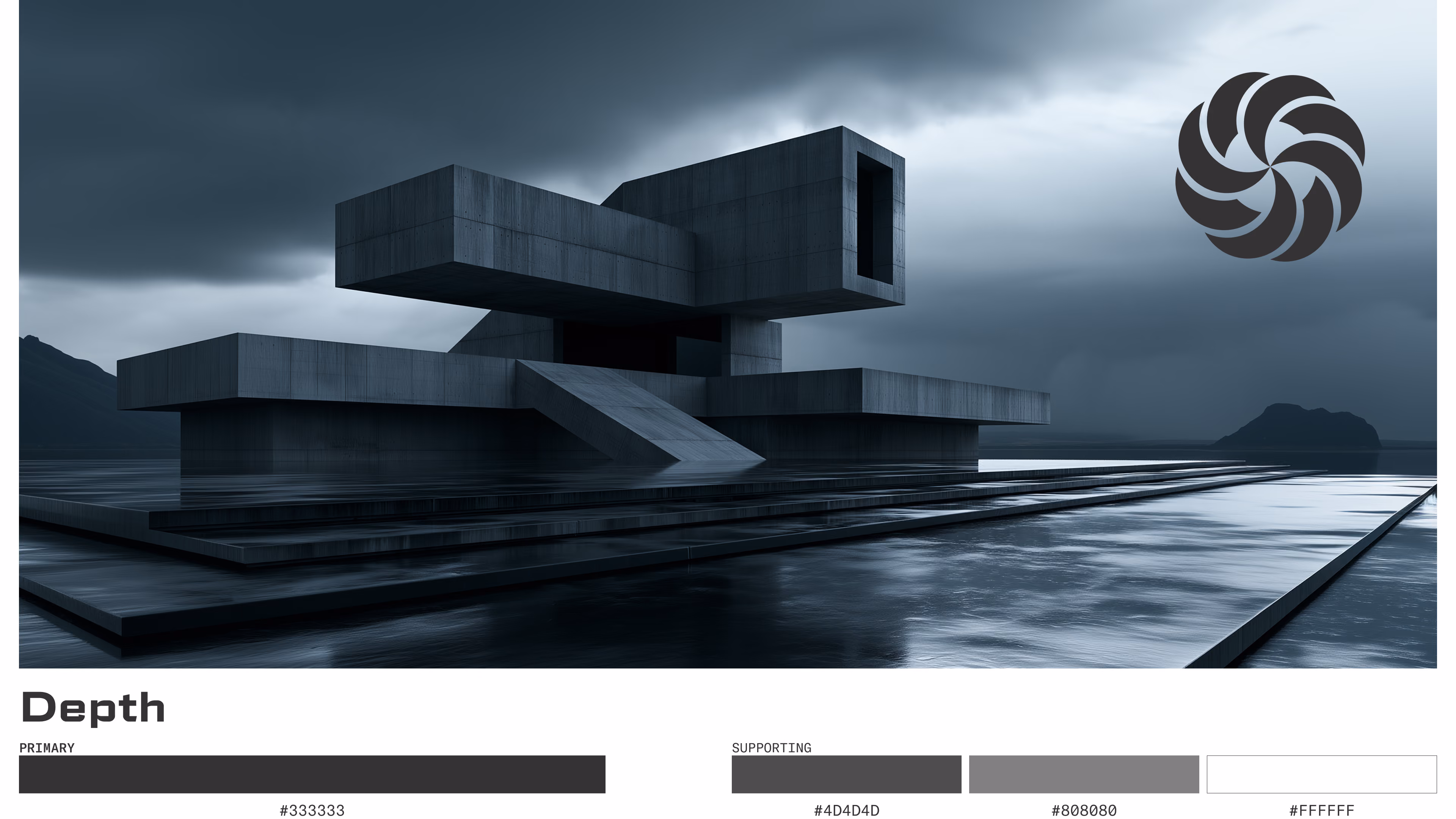Depth: Color set board showing a brutalist concrete structure in a dark coastal storm scene, paired with a charcoal swirl mark and grayscale color palette.