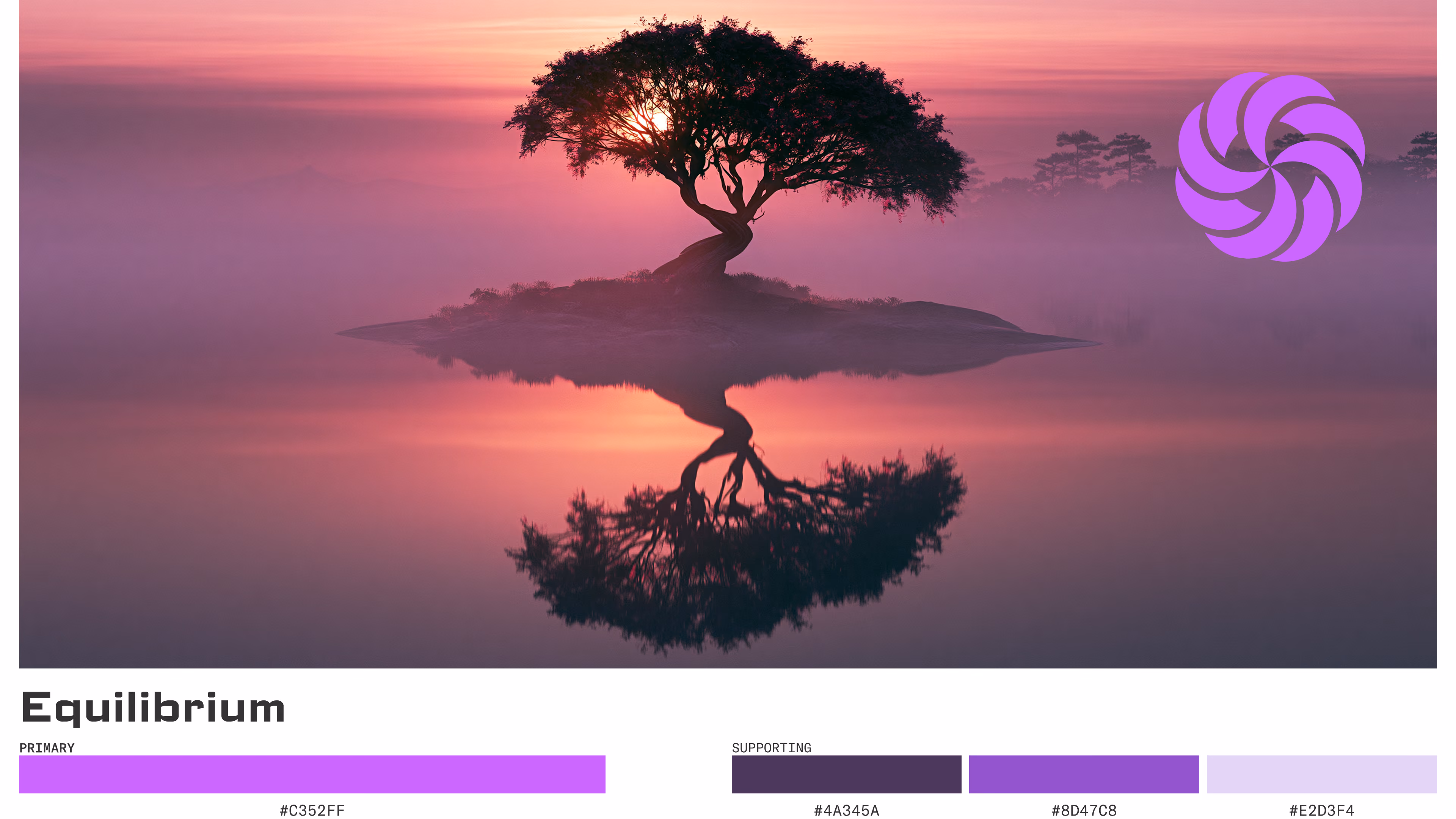 Equilibrium: Color set board showing a lone tree reflected in still water at pink sunset, paired with a purple swirl mark and soft violet color palette.