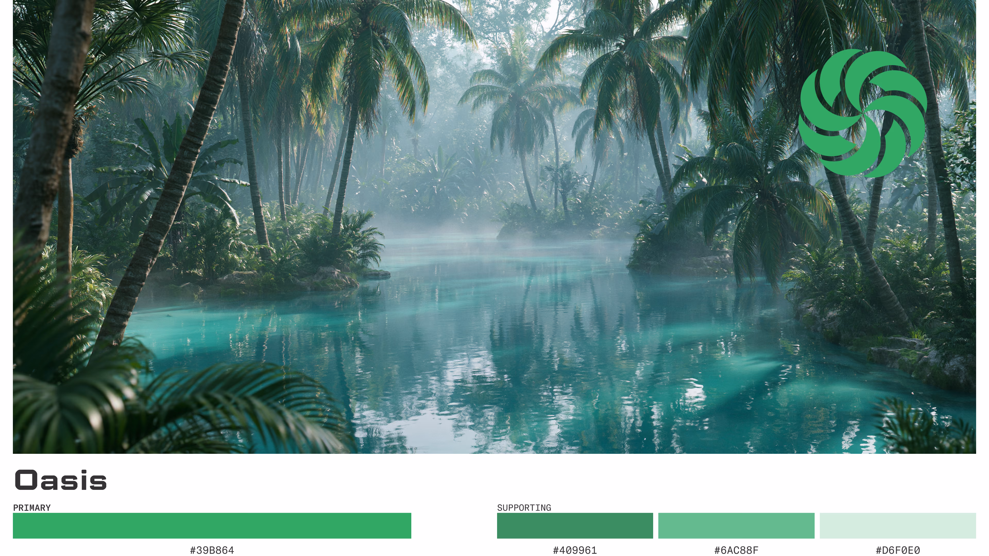 Oasis: Color set board showing a misty tropical lagoon with palm trees and turquoise water, paired with a green swirl mark and fresh green color palette.