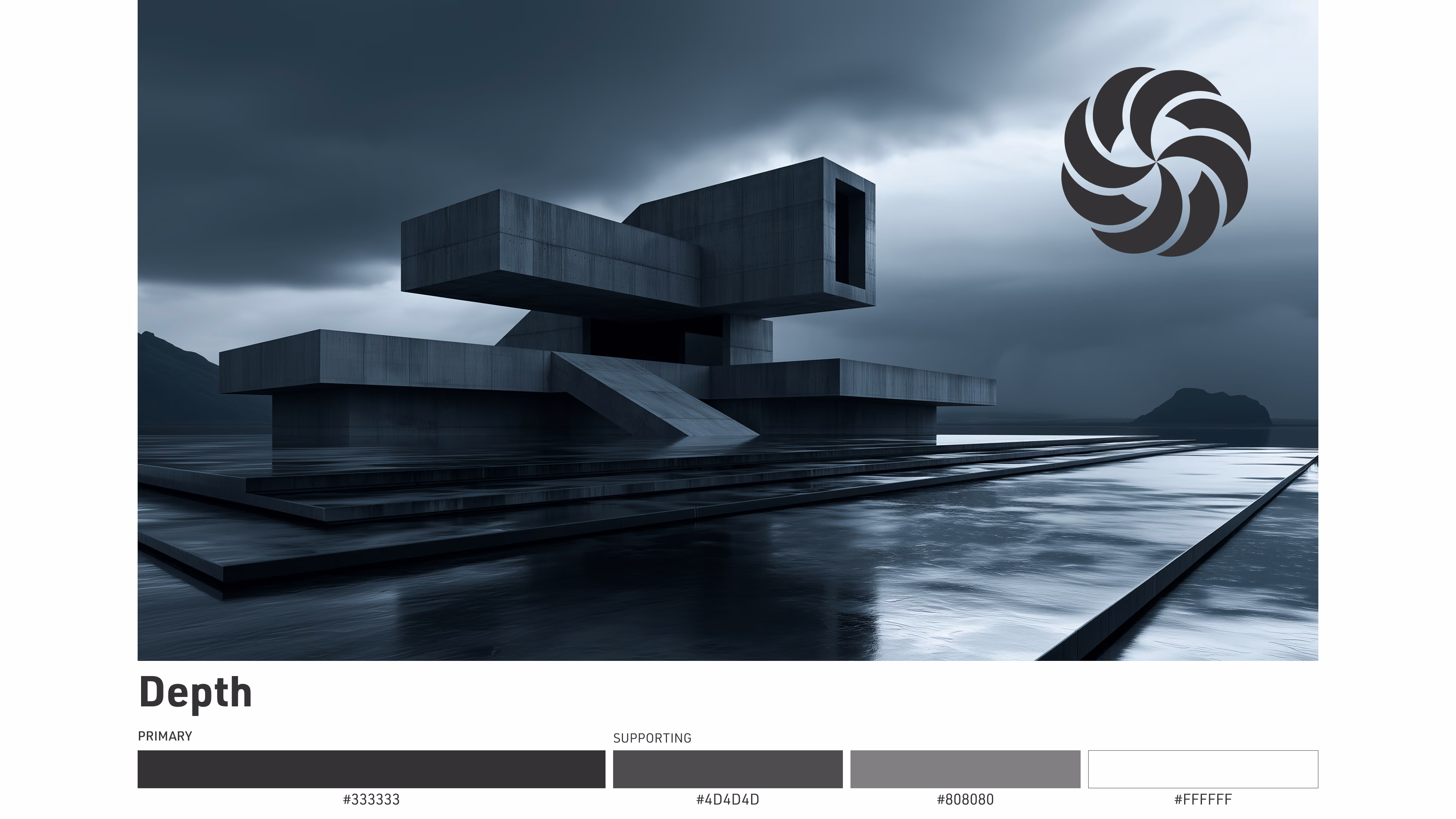 Color set board showing a brutalist concrete structure in a dark coastal storm scene, paired with a charcoal swirl mark and grayscale color palette.