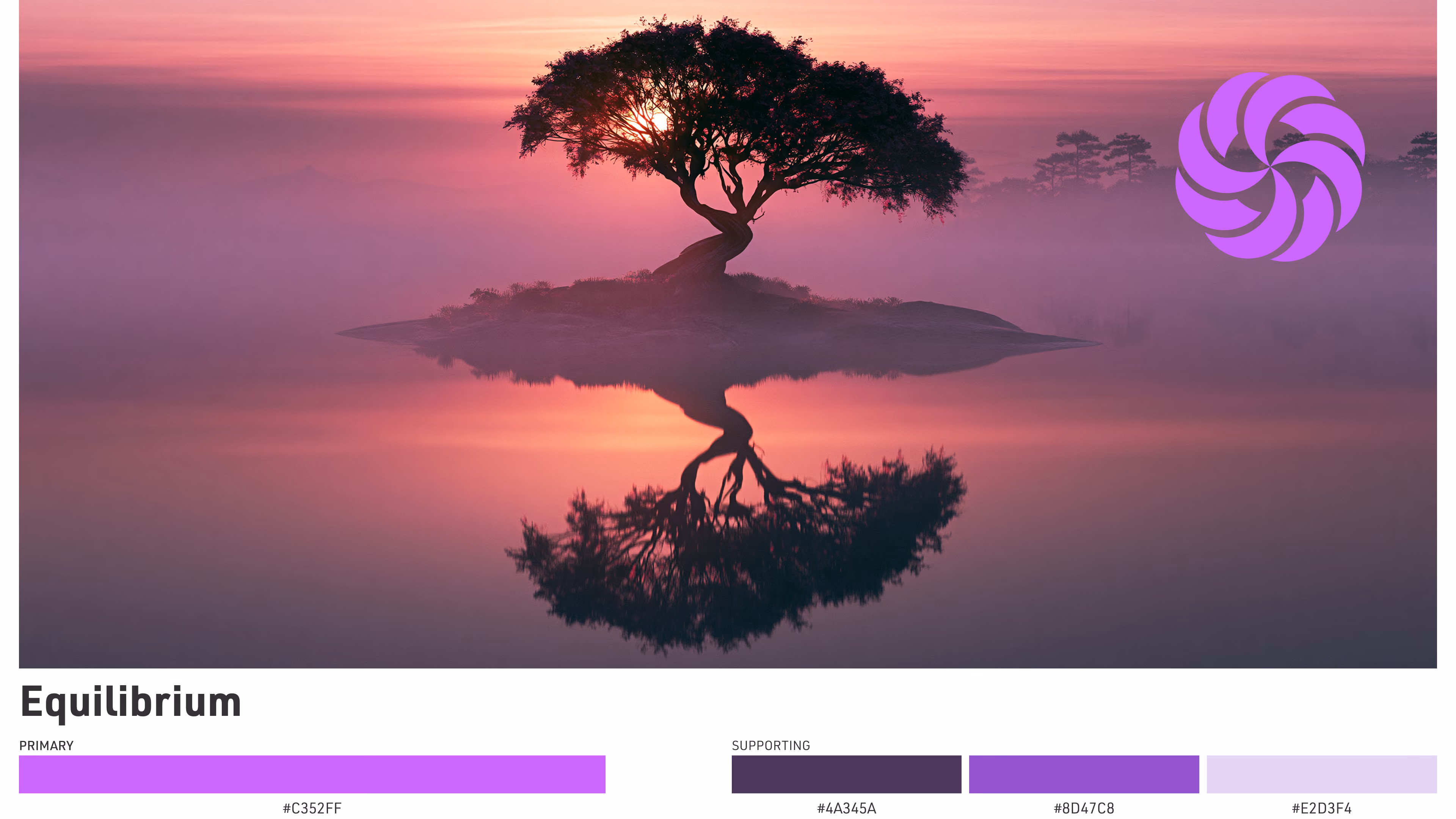 Color set board showing a lone tree reflected in still water at pink sunset, paired with a purple swirl mark and soft violet color palette.