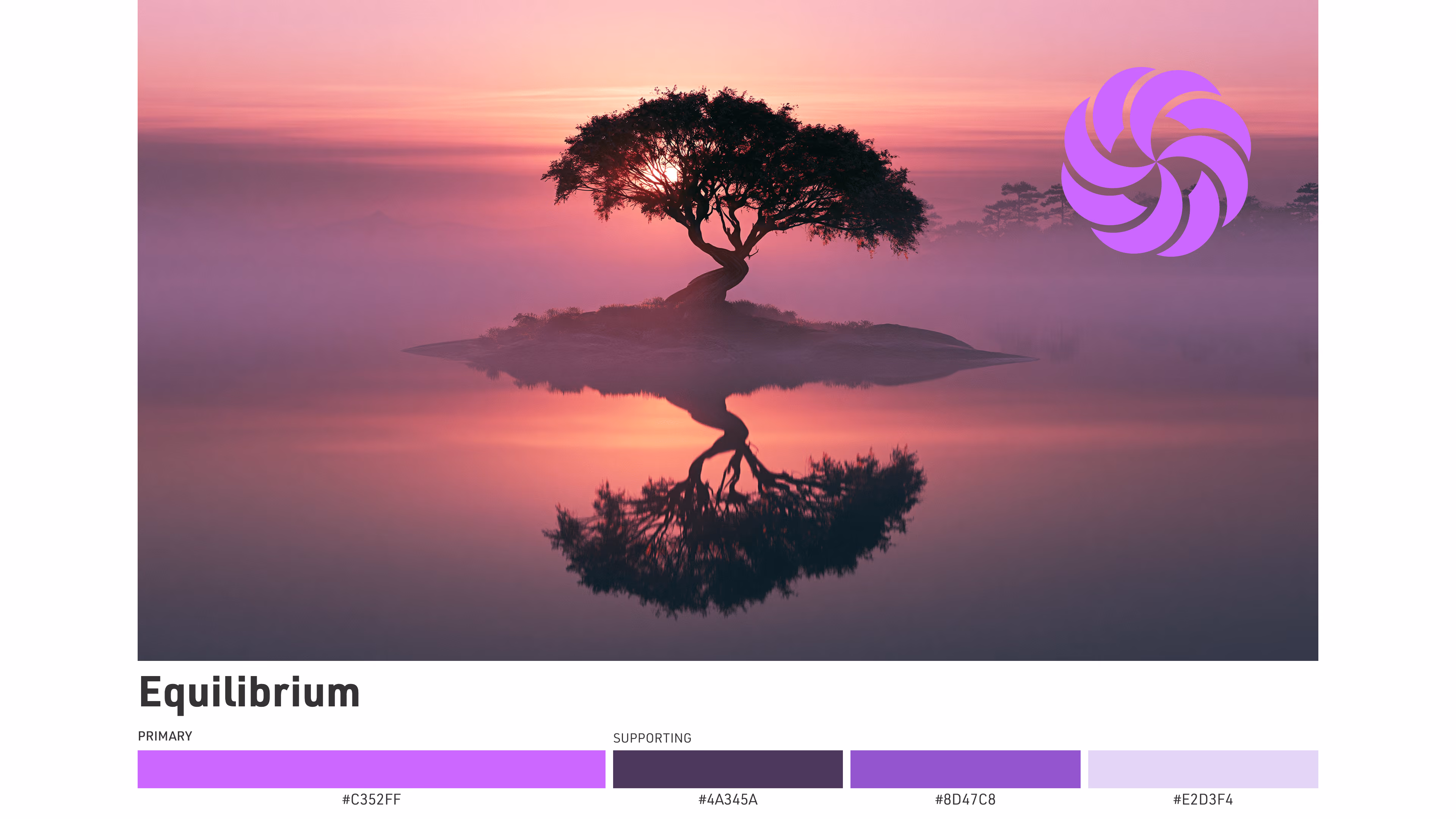 Color set board showing a lone tree reflected in still water at pink sunset, paired with a purple swirl mark and soft violet color palette.