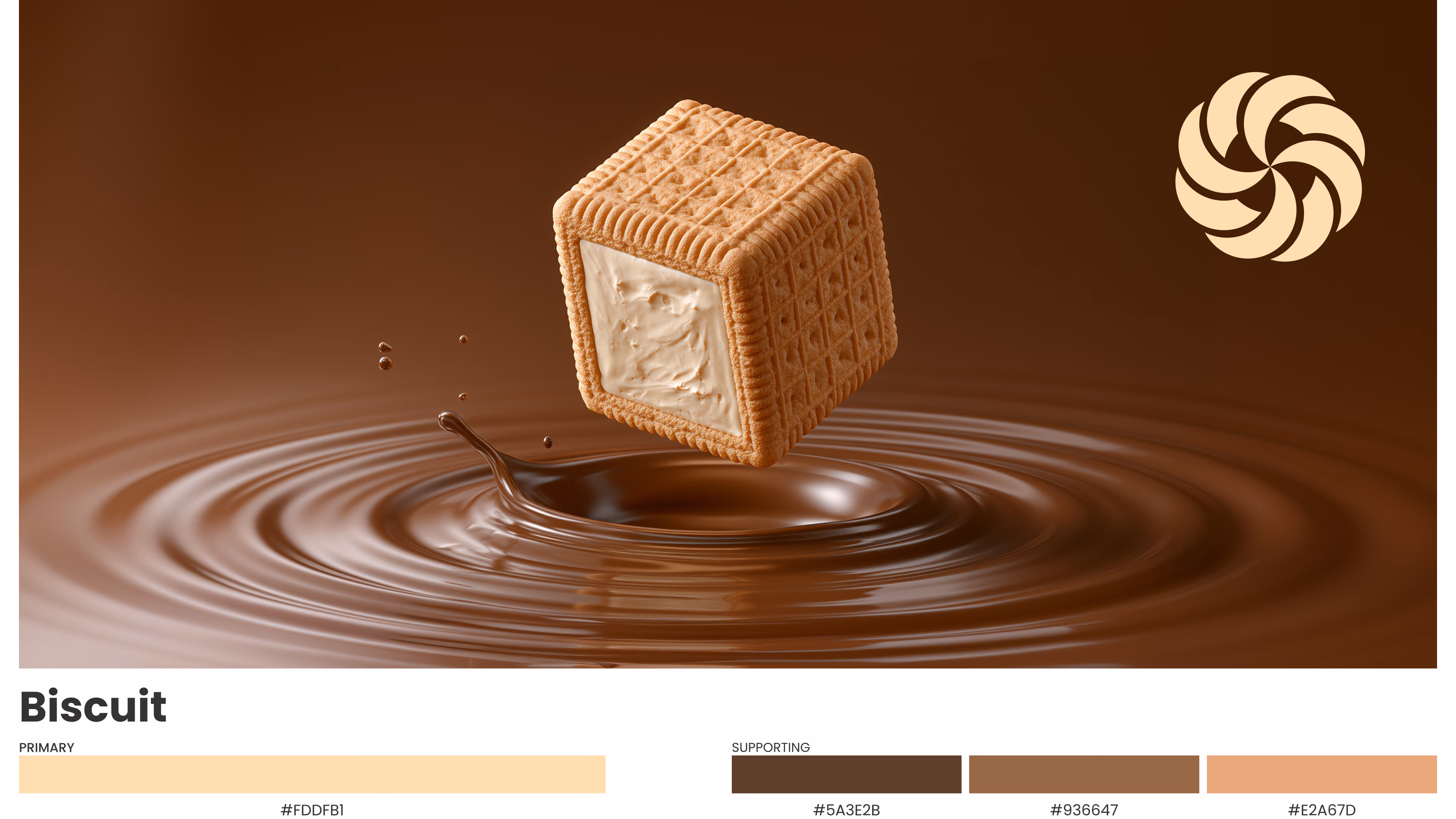 Color set board showing a cream-filled biscuit cube suspended above a glossy chocolate ripple, with a beige swirl mark and warm brown color palette.