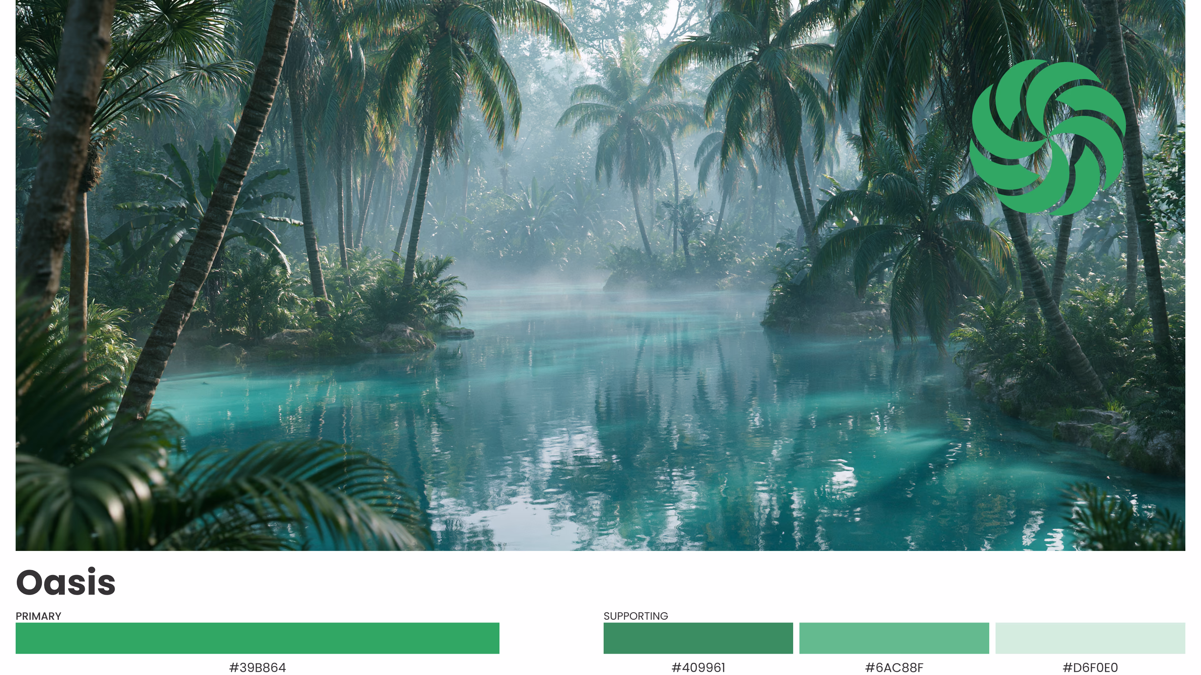 Color set board showing a misty tropical lagoon with palm trees and turquoise water, paired with a green swirl mark and fresh green color palette.