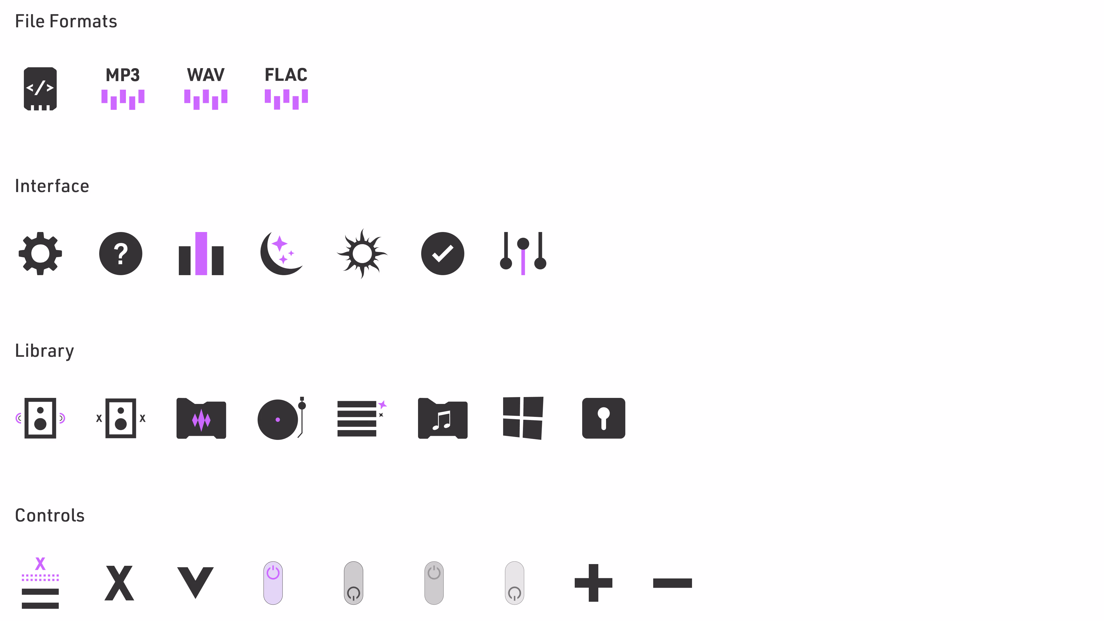 Equalizr iconography board showing file format, interface, library, and control icons in black and purple.