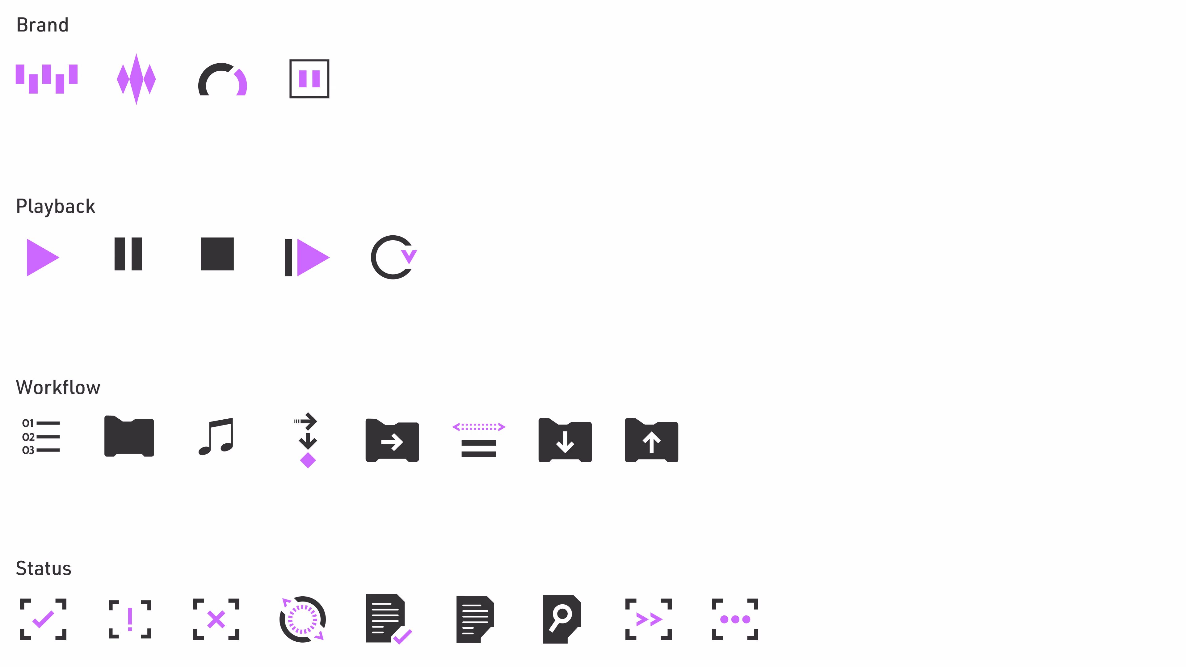 Equalizr iconography board showing brand, playback, workflow, and status icons in black and purple.