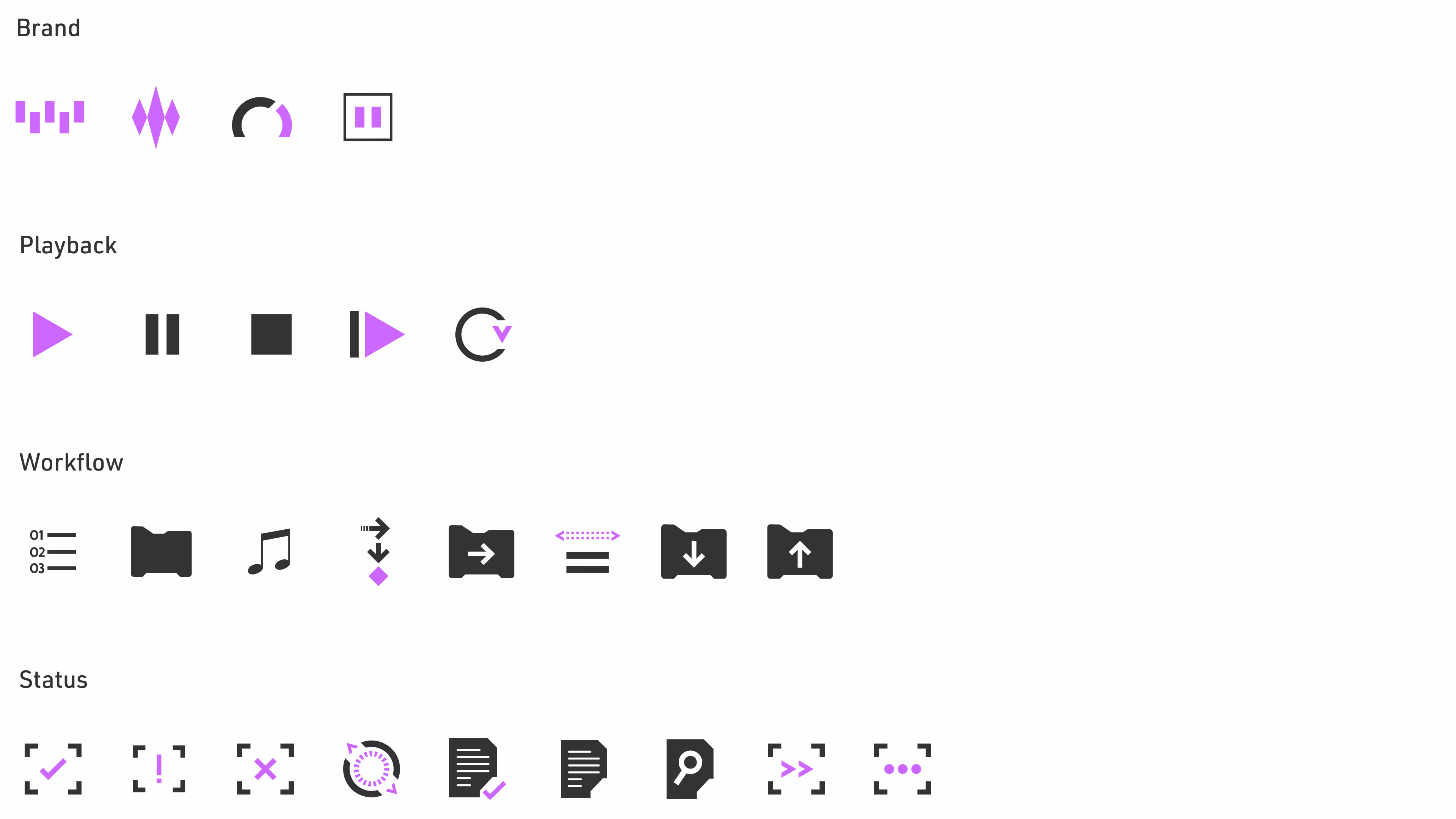 Equalizr iconography board showing brand, playback, workflow, and status icons in black and purple.