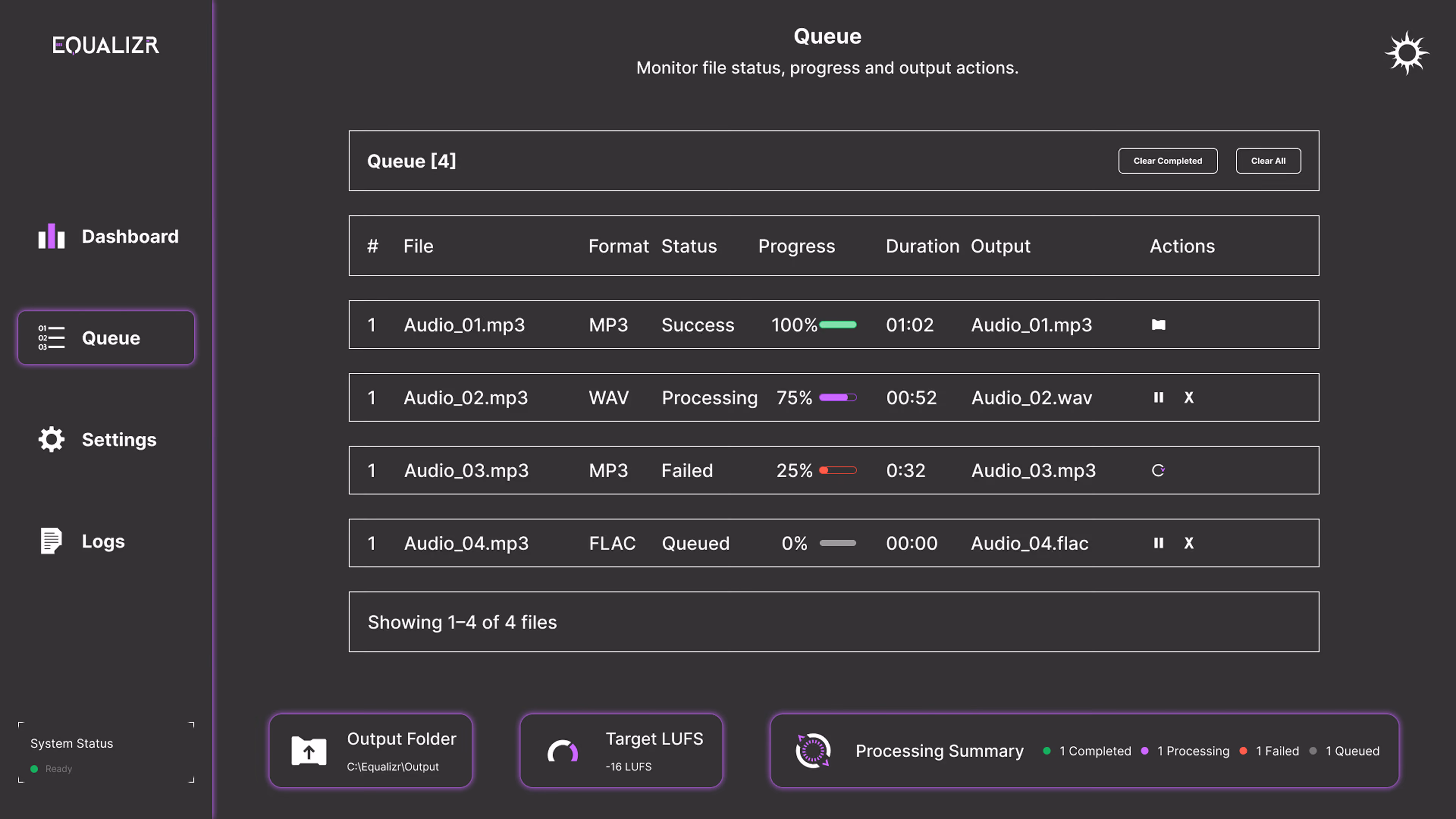 Equalizr dark-mode queue interface showing file status, progress bars, output actions, and processing summary.