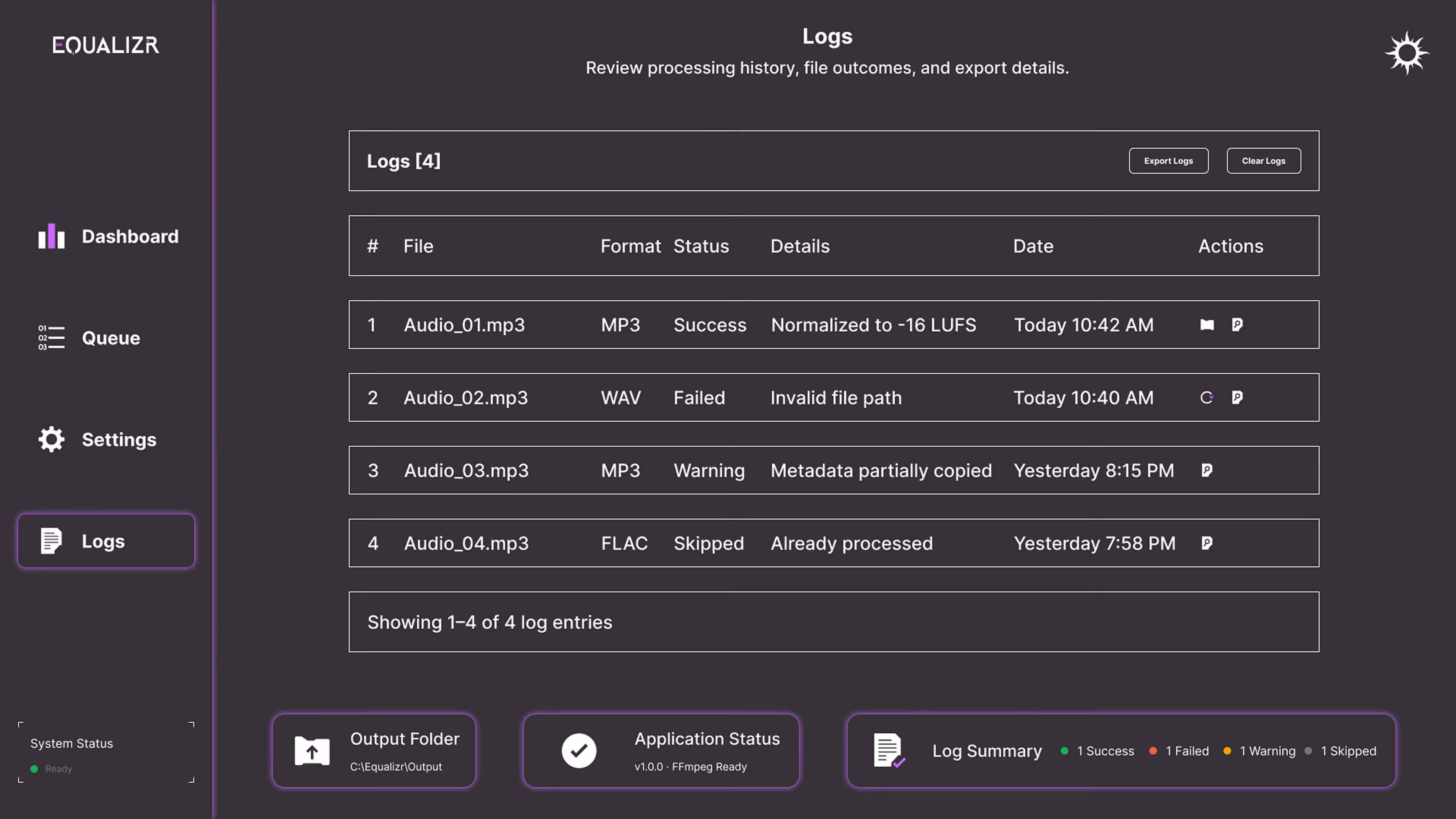 Equalizr dark-mode logs interface showing processing history, file outcomes, export actions, and log summary.