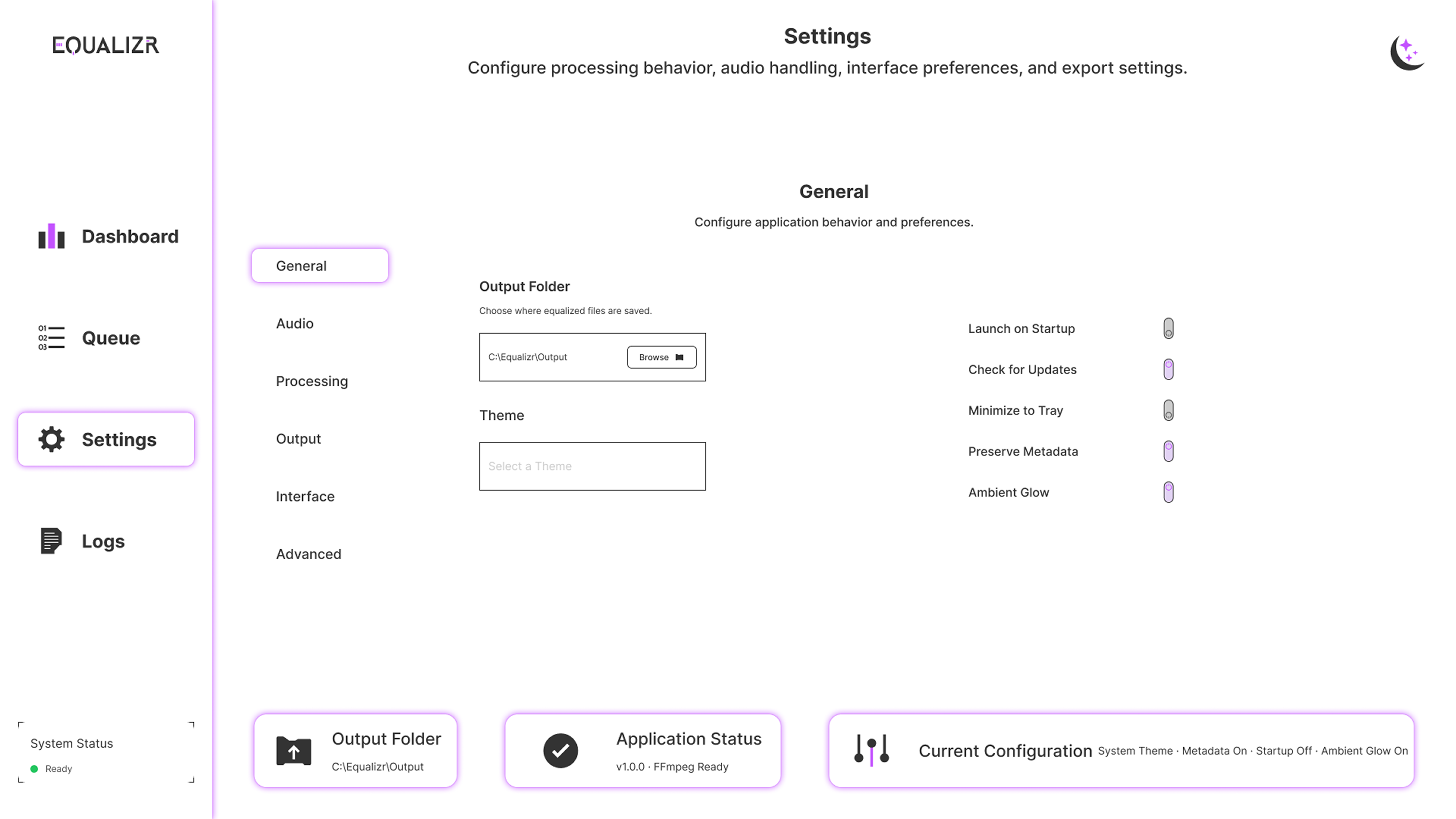 Equalizr light-mode settings interface showing general preferences, output folder, theme controls, and configuration widgets.