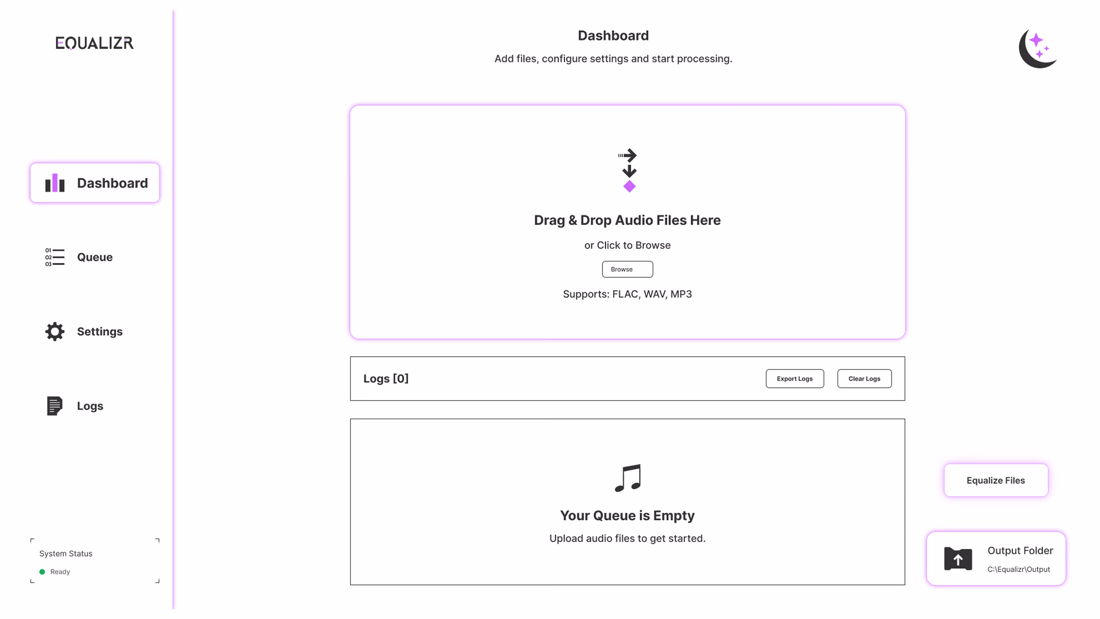 EqualizR light-mode dashboard interface featuring sidebar navigation, drag-and-drop file upload, queue overview, output folder controls, and processing actions.