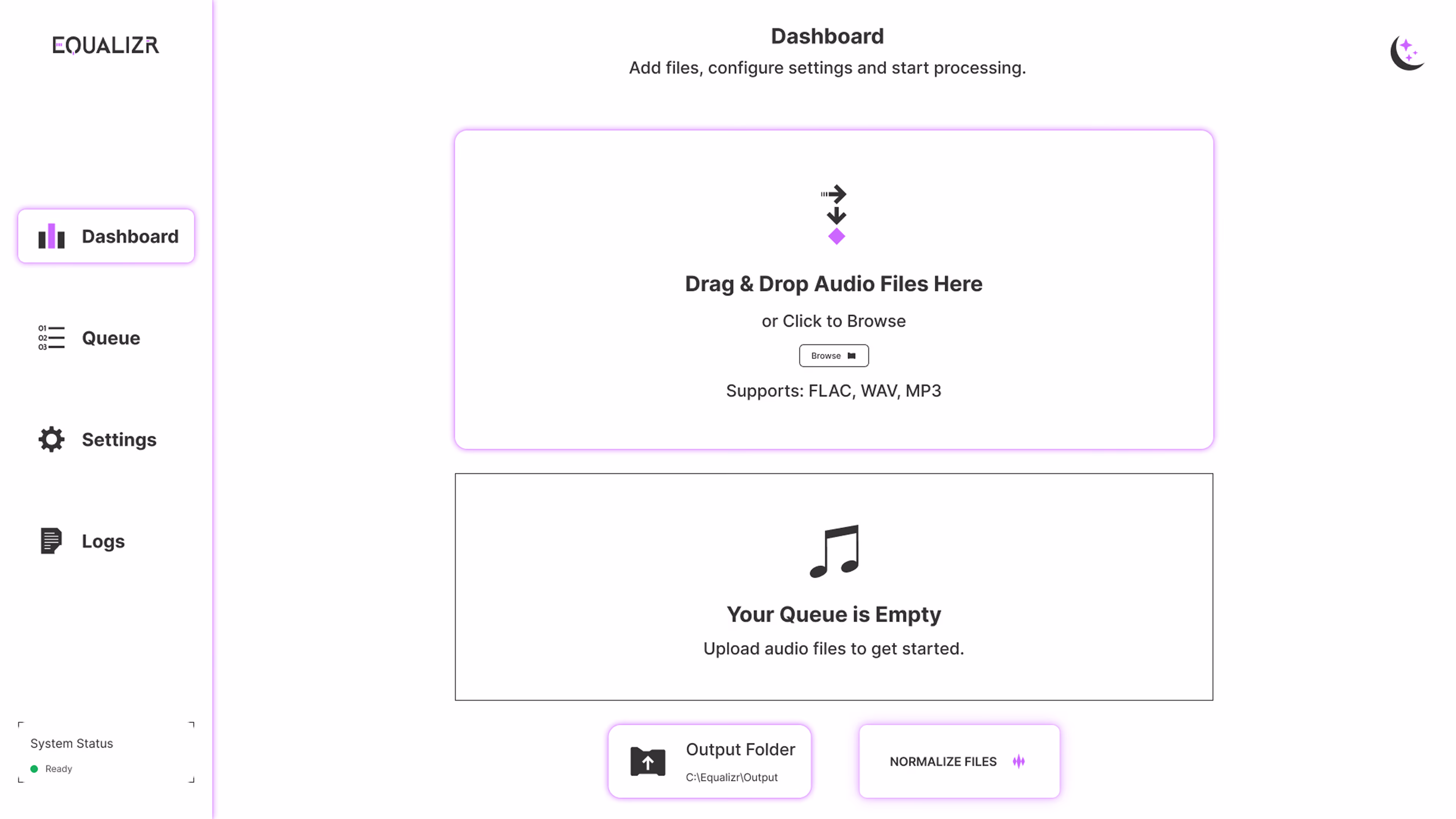 EqualizR light-mode dashboard interface featuring sidebar navigation, drag-and-drop file upload, queue overview, output folder controls, and processing actions.