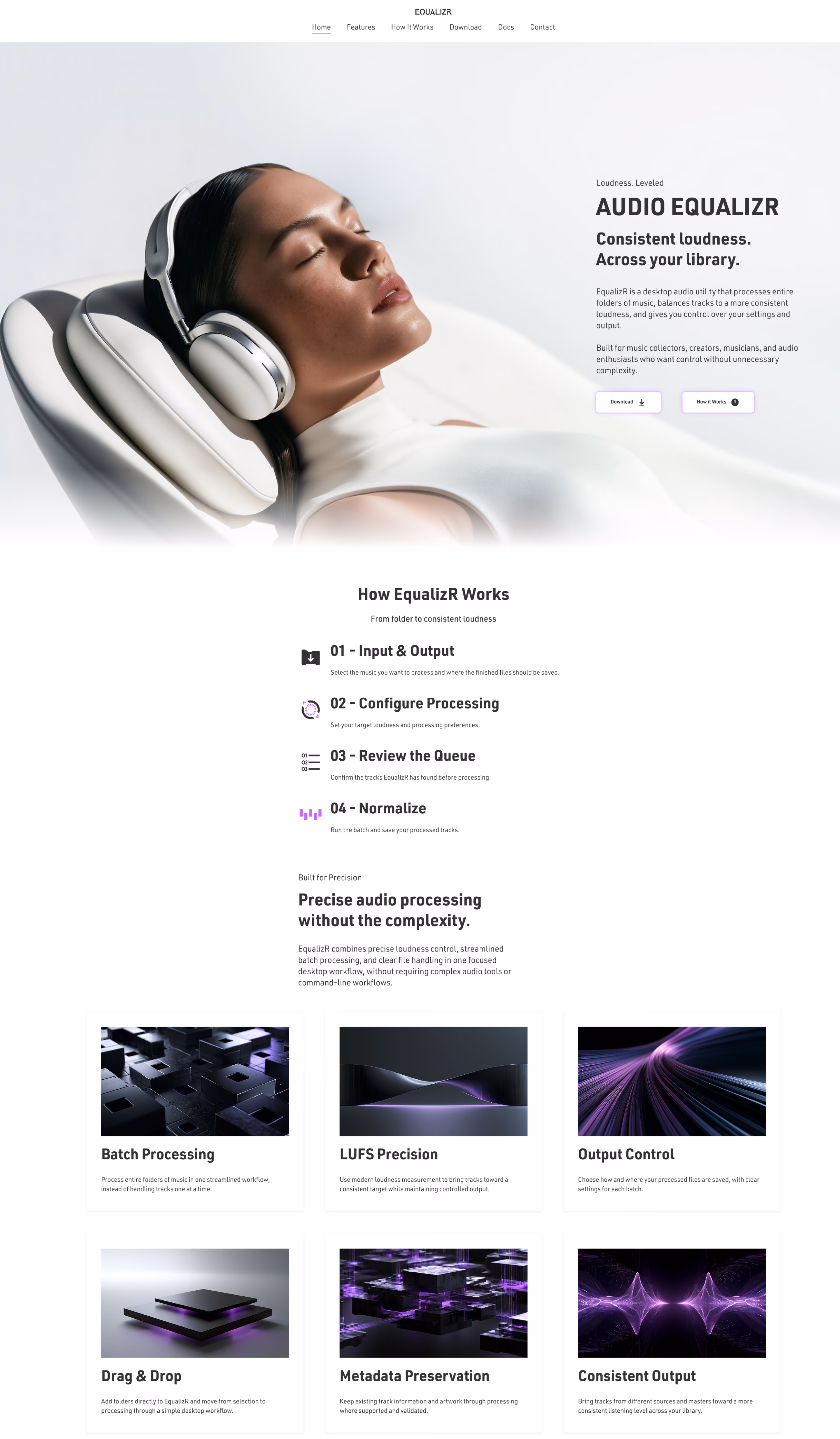 Equalizr web design overview showing the landing page structure, feature cards, process section, interface previews, workflow benefits, and footer.