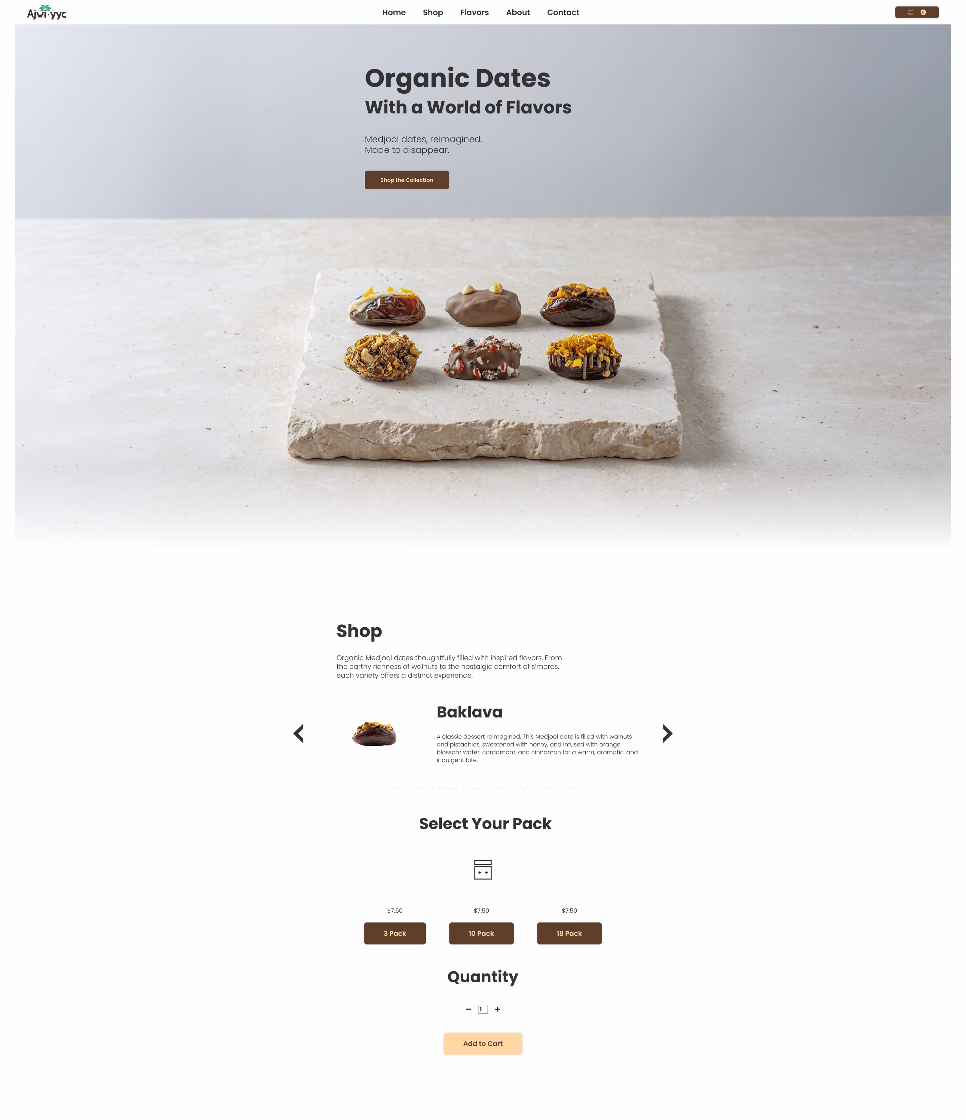 Six decorated Medjool dates displayed on a stone slab under the heading Organic Dates with a World of Flavors.