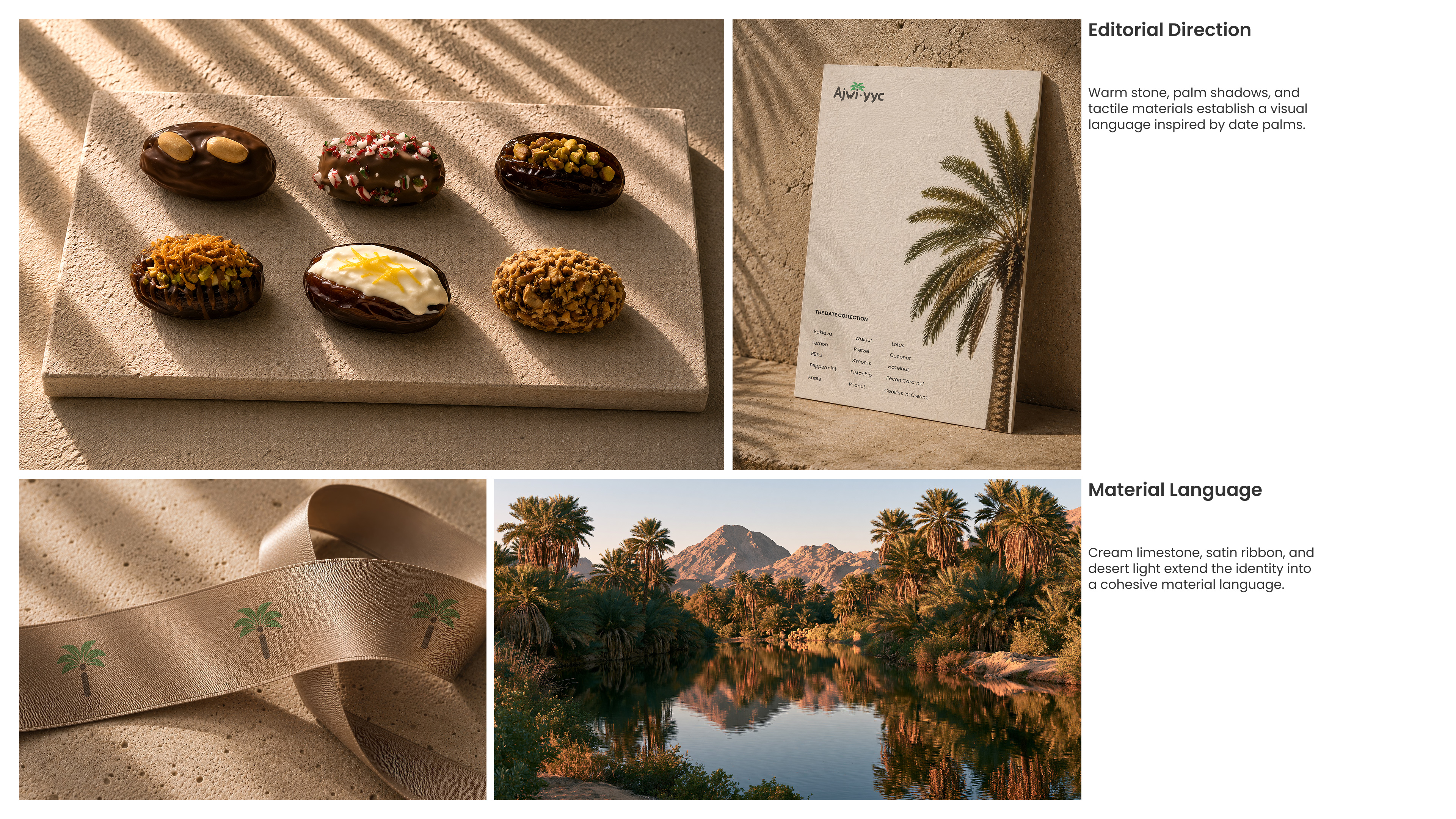 Editorial images with decorated dates on stone, palm-themed ribbon, date palm poster, and palm trees by water.